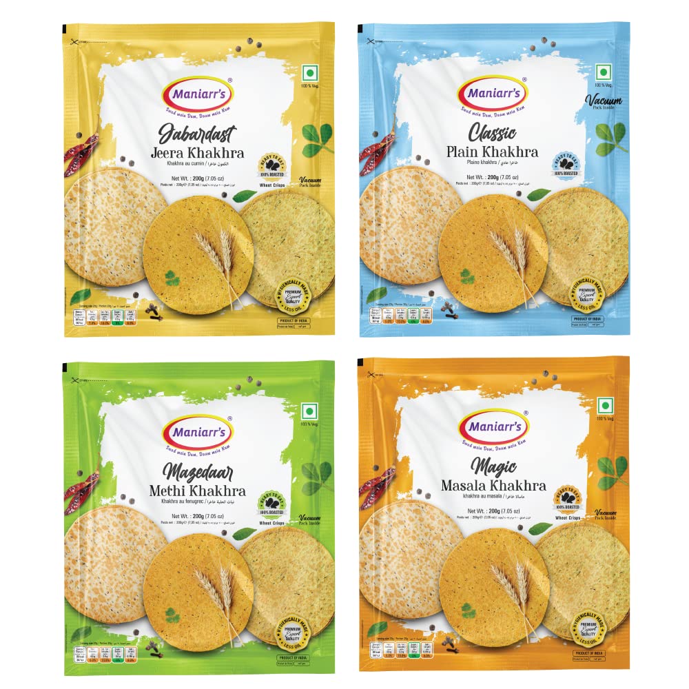 Maniarrs 4Pack Combo (200Gm*4Pack=800Gm) Fenugreek Khakhra, Spicy Masala, Cumin (Jeera), Plain Flavor Roasted & Baked Vacuumed Packed Wheat Crackers (B09RJSTTC2) Amazon Price History, Amazon Price Tracker