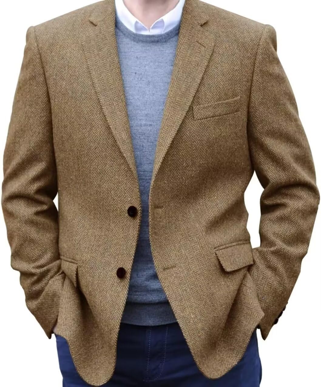MrbuerlyMen's Tweed Blazer Jacket 2 Button Lightweight Herringbone Casual Sport Coat Wedding Groomsmen Prom Jackets