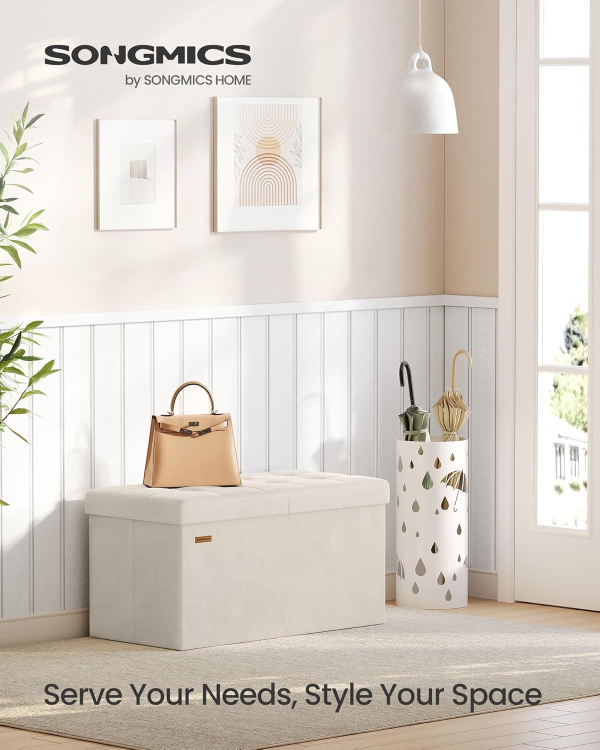 SONGMICS Mazie Collection - 30 Inches Storage Ottoman, Foldable Storage Bench with Flipping Lid, 660 lb Load Capacity, for Entryway, Living Room, Bedroom, Velvet Fabric, Cream White ULSF048LH01 - Image 3