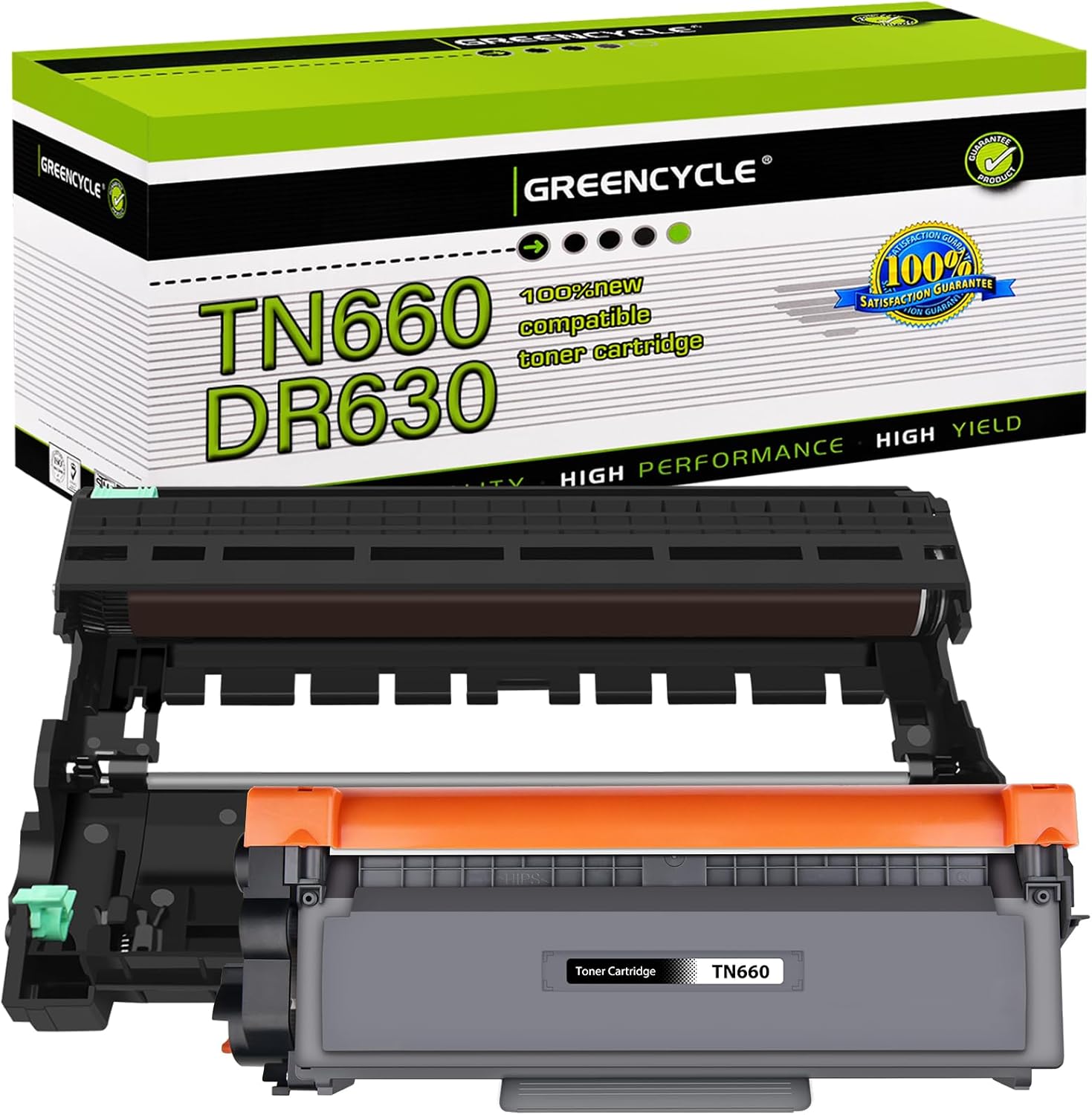 greencycle 1 Pack TN660 TN-660 Black Toner Cartridge & 1 Pack DR630 Drum Unit Compatible for Brother DCP-L2520DW DCP-L2540DW HL-L2360DW HL-L2380DW MFC-L2700DW MFC-L2740DW Laser Printer