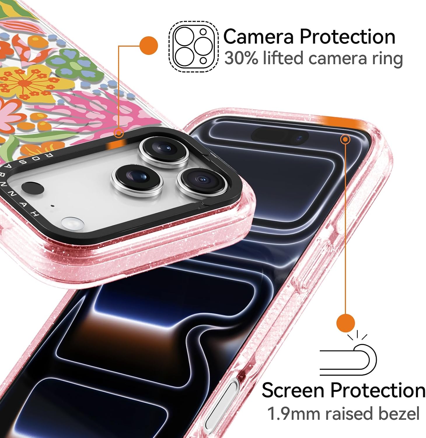 Rosarnnah for iPhone 17 Pro Max Case Cute - Compatible with Magsafe - Durable Shockproof 6.6 ft Drop Impact Phone Case - Funny Passion Flower Design (6.9") Glitter Pink