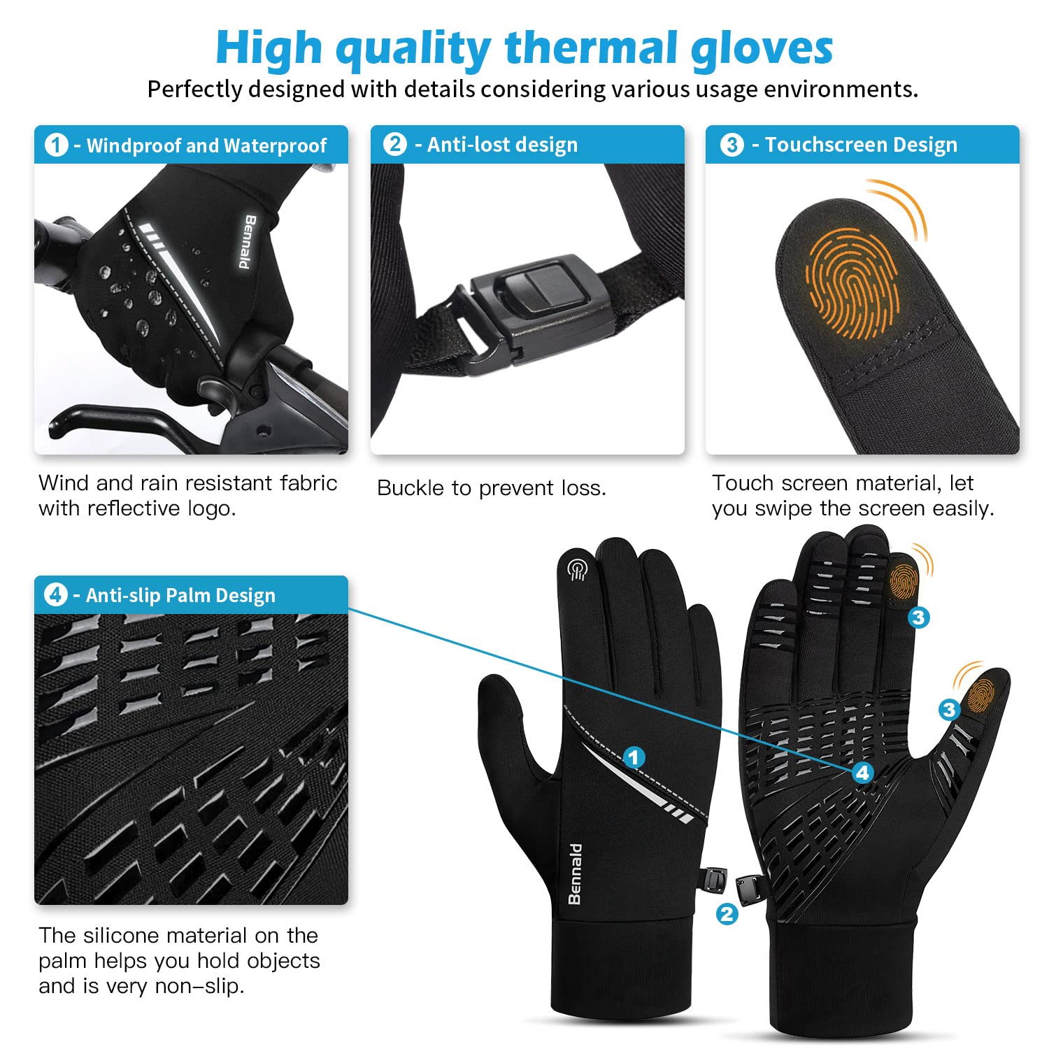 BENNALD Guanti Invernali, Ciclismo Guanti Guanti Moto Caldi Touch Screen Antivento Guanti da Sci Guanti Sportivi da Esterni per Trekking Sci Guida Corsa Sportivi Pesca per Uomo Donna