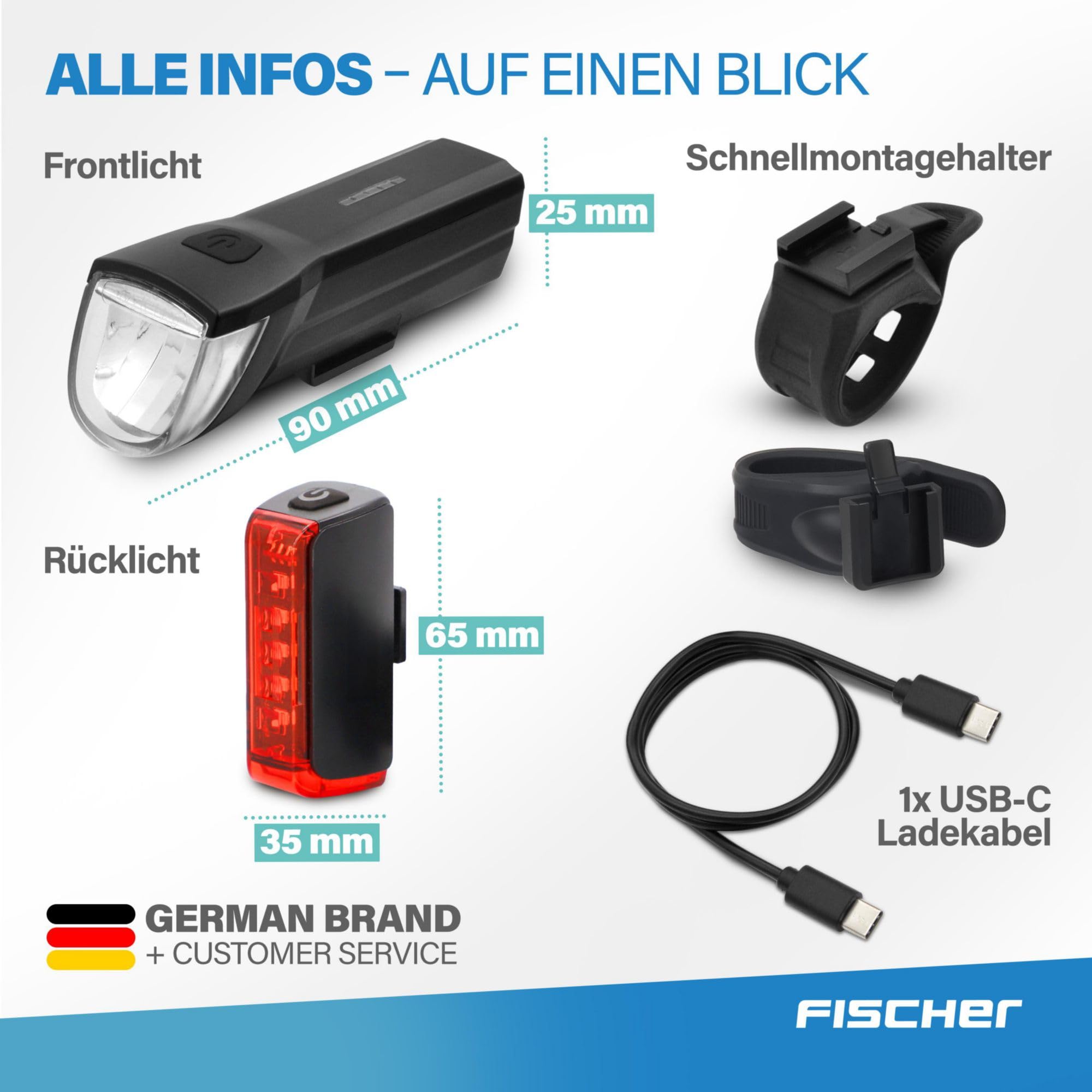 Fischer Fahrrad LED Beleuchtungs-Set Twin mit innovativer 360° Bodenleuchte für mehr Sichtbarkeit und Schutz, Frontlicht
