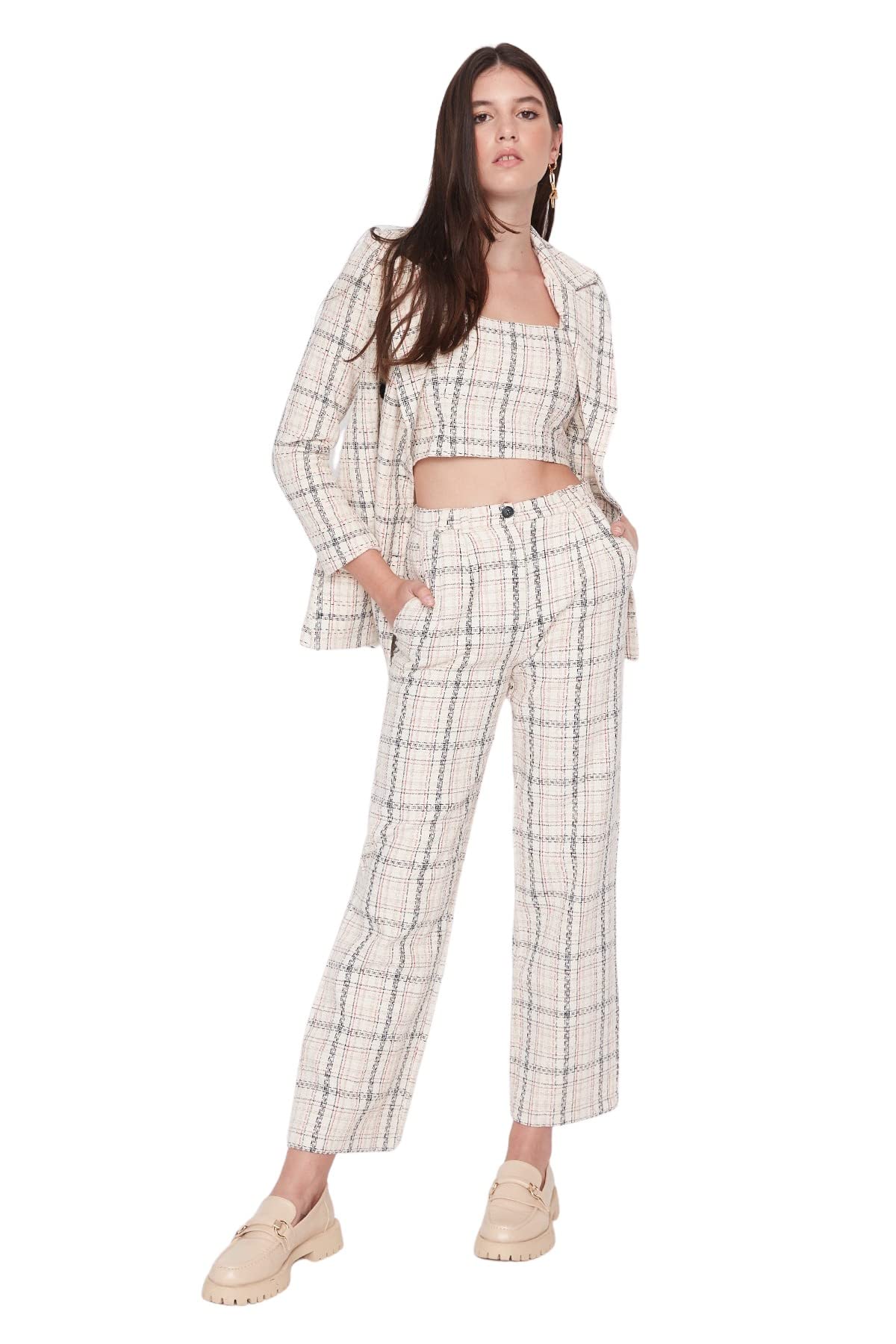 Trendyol Women Normal Waist Straight Leg Wide Leg Trousers Ecru