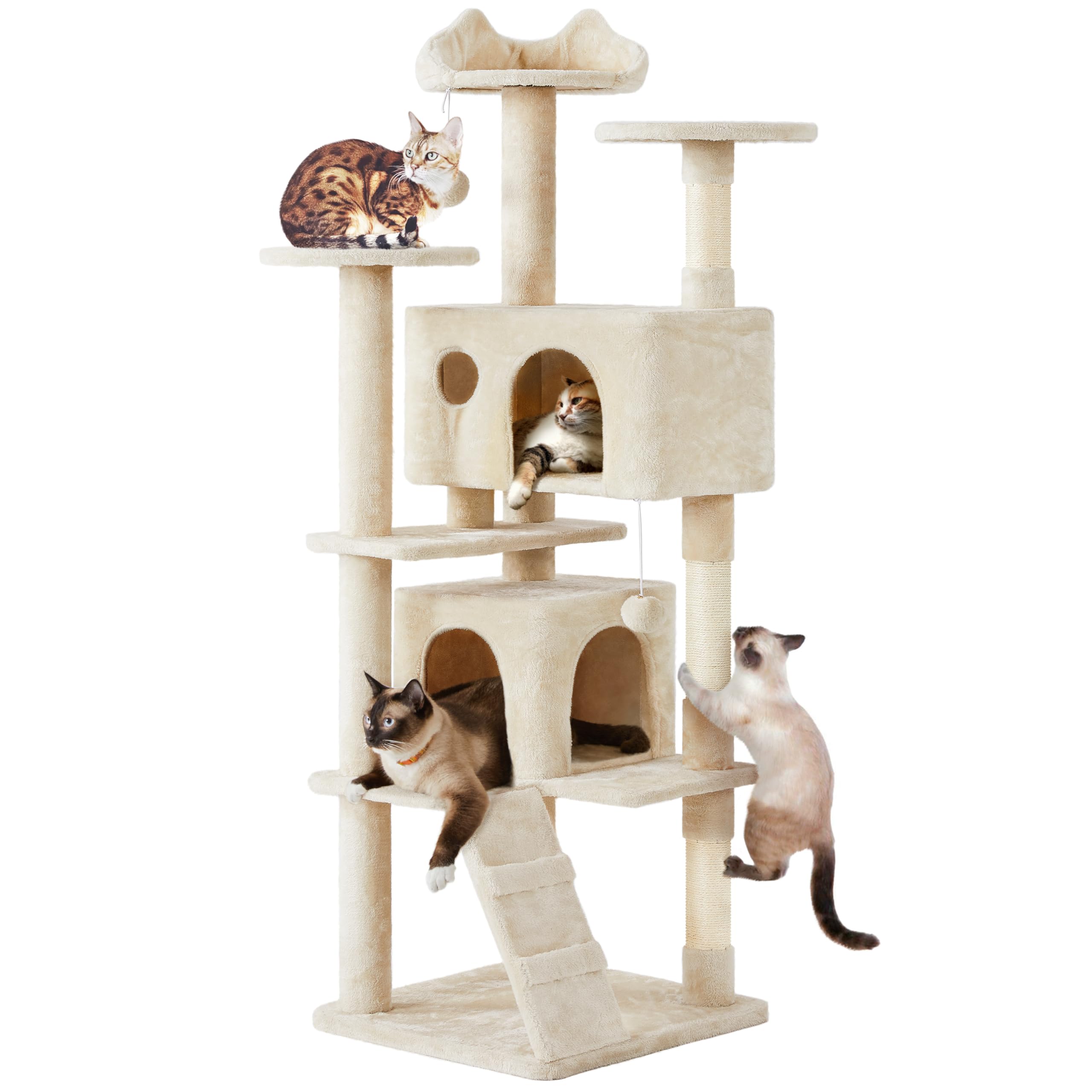 Yaheetech Albero Tiragraffi per Gatti Adulti Alto 178 cm XXL Beige | Torre in peluche a più livelli, con 3 posatoi, 2 casette, 3 pali di sisal e 2 palle di corda, giochi per più gatti da interni