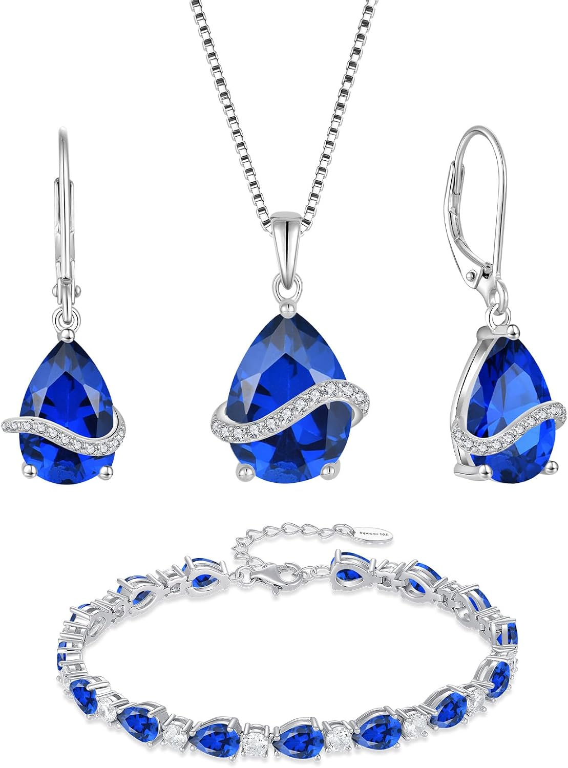Sapphire Jewelry Set 925 Sterling Silver Pear Shaped September Birthstone Earrings Necklace Bracelet Jewelry for Women