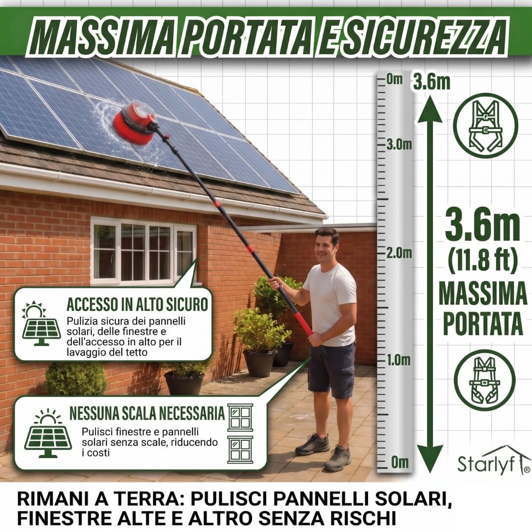 STARLYF Telescopic Rotating Scrubber - Spazzola di pulizia girevole a pressione dell'acqua, estensibile fino a 3,6 m - 2 teste per finestre, pavimenti, auto, barche