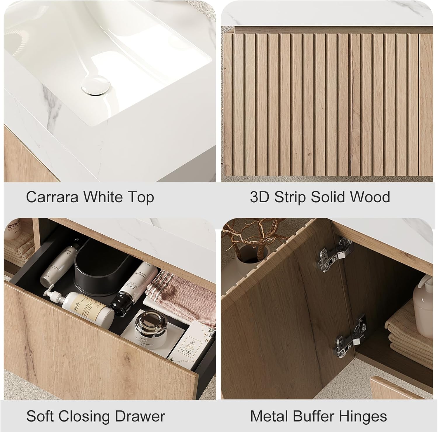 Ambrovina 30" Floating Bathroom Vanity with Sink, Wall Mount Storage Bathroom Vanities with Drawer and Door, Carrara White Sintered Stone Top and Ceramic Basin, Pre-Assembled Cabinet, Light Wooden