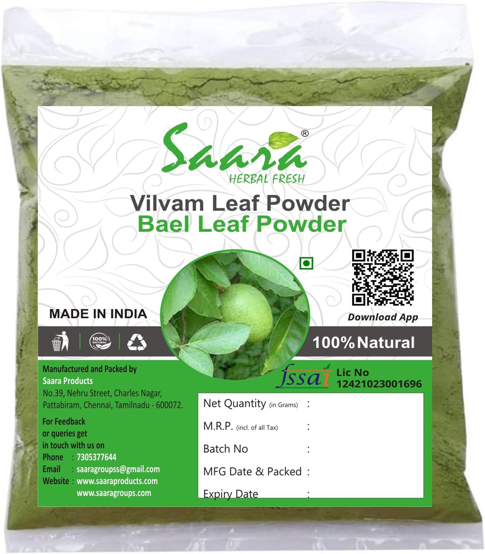 Saara HERBAL FRESH Vilvam Leaf Powder, 100g, Bael Leaf, Maredu Leaves, Aegle marmelos, Shreephala Leaf Powder,(pack of 1 x 100g)