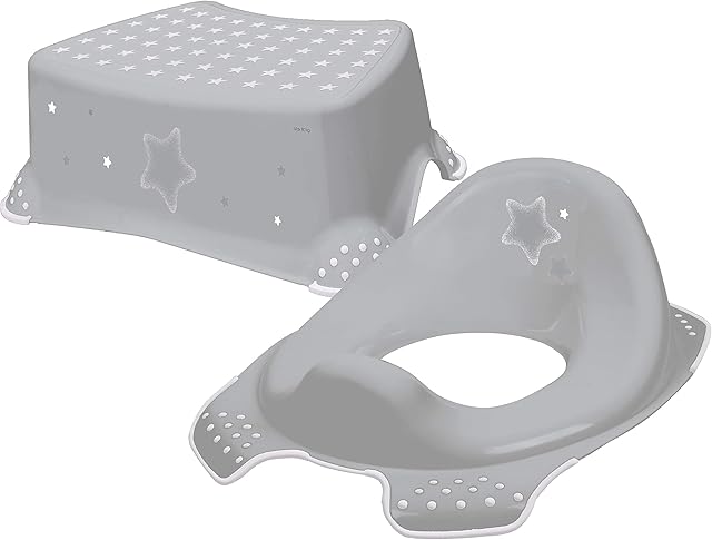 Babycurls Little Journey Toilet Training Kids Non Slip Up Step Stool + Toilet Training Seat Combo Unisex Grey for Safe Toddler Loo Potty Training in The Bathroom and Home