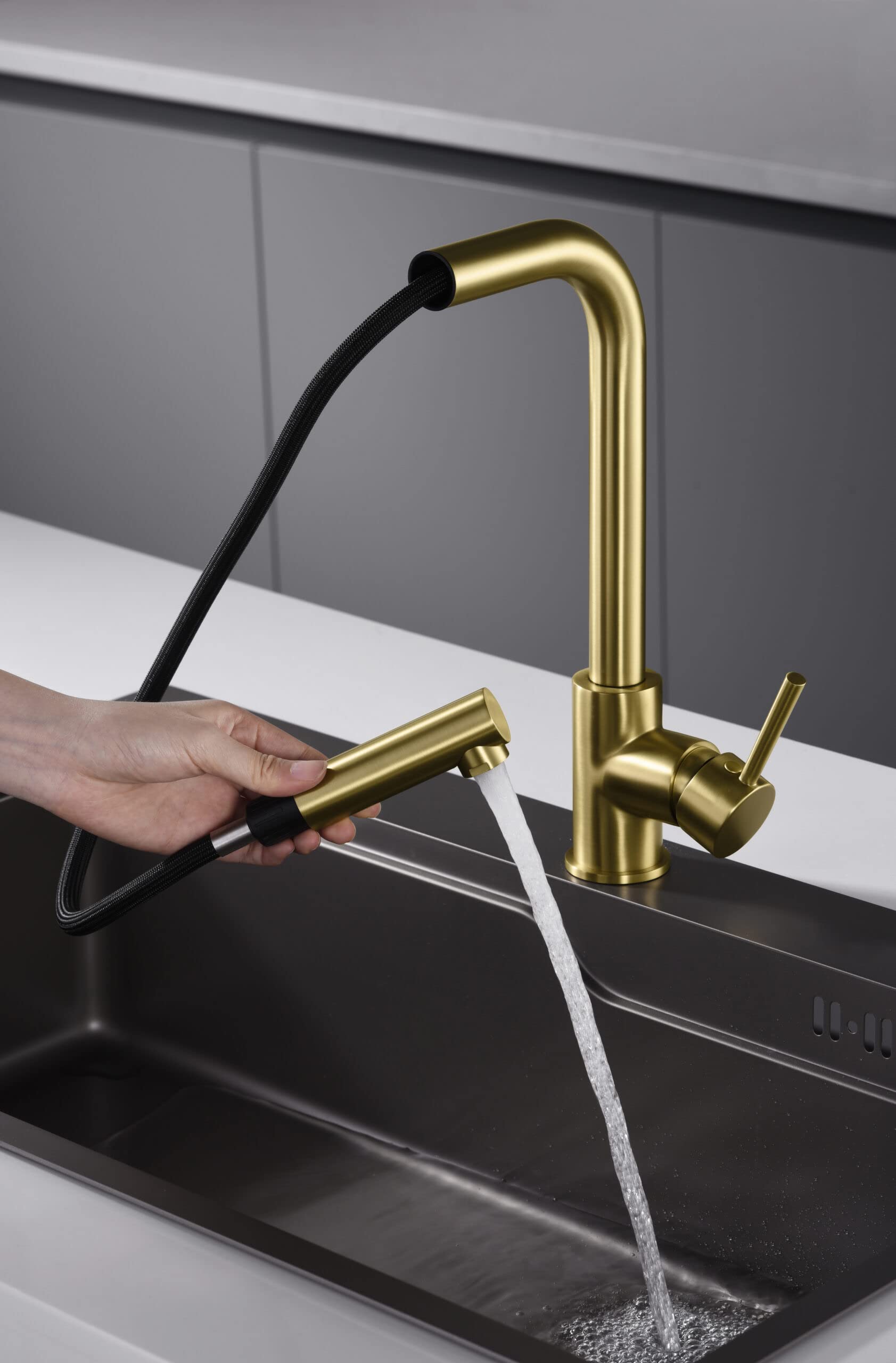 IMEX Grifo Cocina Fregadero Extraible - MALTA Grifo Cocina Monomando con Caño Extraíble, Cartucho Cerámico Ø35mm, Cuerpo de Latón, Acabado y Diseño Moderno y Elegante (ORO CEPILLADO)