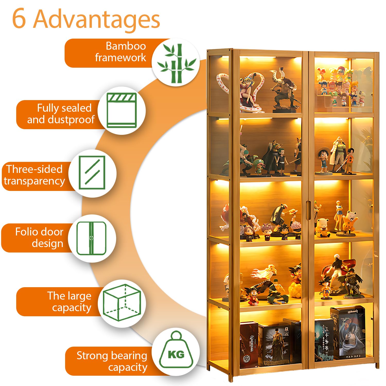 Vitrina Puerta de acrílico, Vitrina con 5 estantes, Organizador de Juguetes colección, estantería Dormitorio, rincón de Lectura, niños, bambú (Doble Puerta marrón)