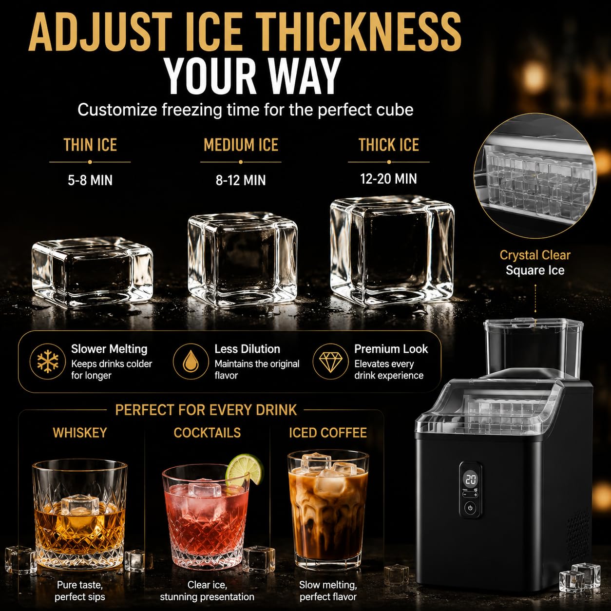 Clear Square Ice Maker Countertop 22Lbs/Day, Crystal Ice Cubes | Dual-way refill, adjustable ice thickness, 24H timer, self-cleaning, efficient & quiet, compact for home office and parties thumbnail