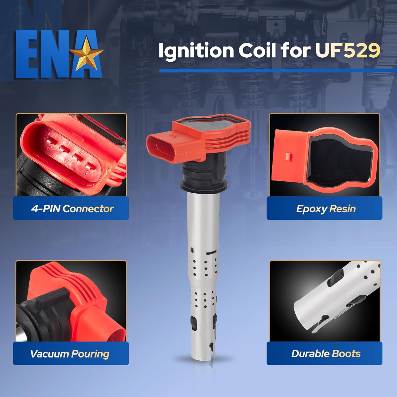 ENA UF529 Ignition Coils Compatible with 2.0T Audi A4 A6 Volkswagen VW CC Passat GTI 2008 2009 2010 2011 2012 2013 2014 2015 2016 2.0 Coil Packs Replacement for 06E905115E 06H905115B Set of 4