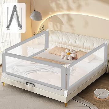 Bed Rail 200 cm x 2 + 150 cm x 1, Bed Rail, Fall Protection, Foldable with U-shaped Base, Bed Safety Gate, Children's Bed Rail, Height Adjustable, 68-95 cm, for Children and Parent Beds,