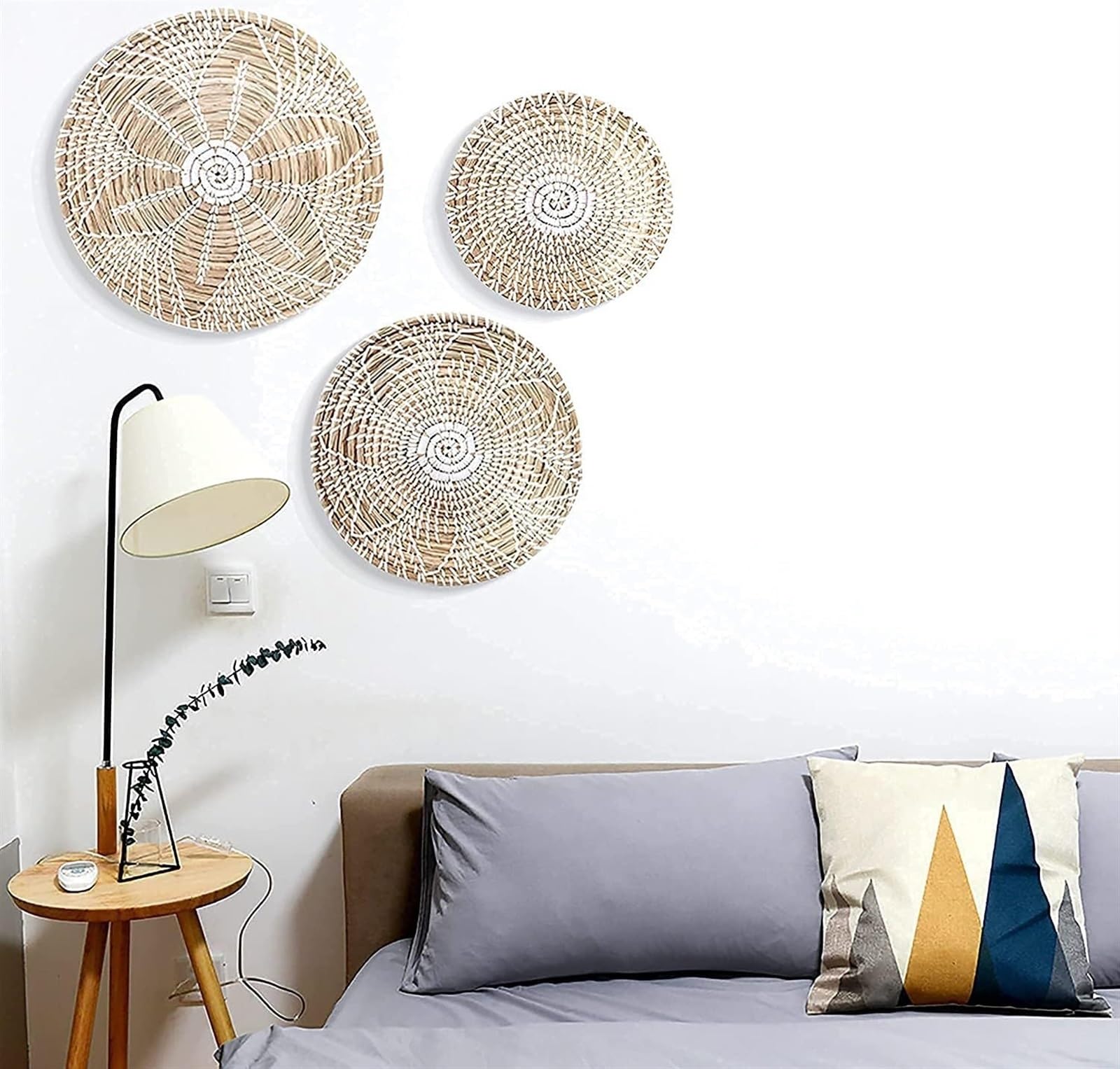Hängende Gewebte Wandkorb-Dekoration, Set Mit 3 Runden Seegras-hängenden Natürlichen Gewebten Flachen Körben, Handgefertigte Runde Boho-Wandkorb-Dekoration For Wohnzimmer Schlafzimmer