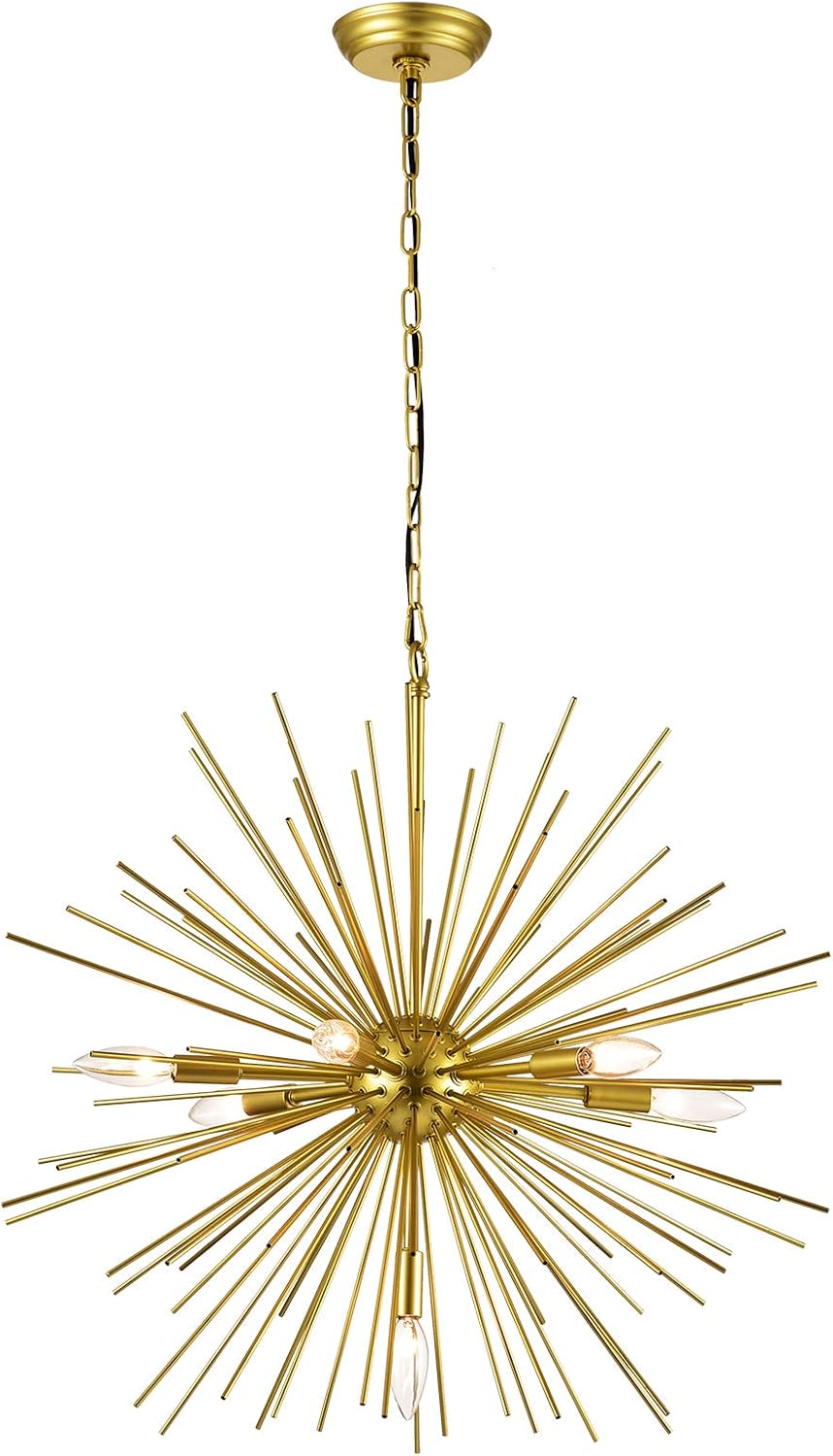Maxax Gold Sputnik Chandelier, 7 Lights Satellite Pendant Light fixtures, 25.6'' Modern Starburst Firework Metal Ceiling Light, for Dining Room, Bedroom, Kitchen, Hallway, Entryway, E12