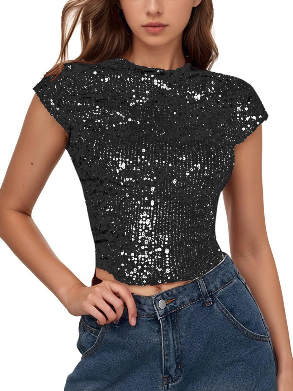 WDIRARAWomen's Sequin Boat Neck Shirts Sparkle Glitter Backless Tee Cap Sleeve Crop Tops