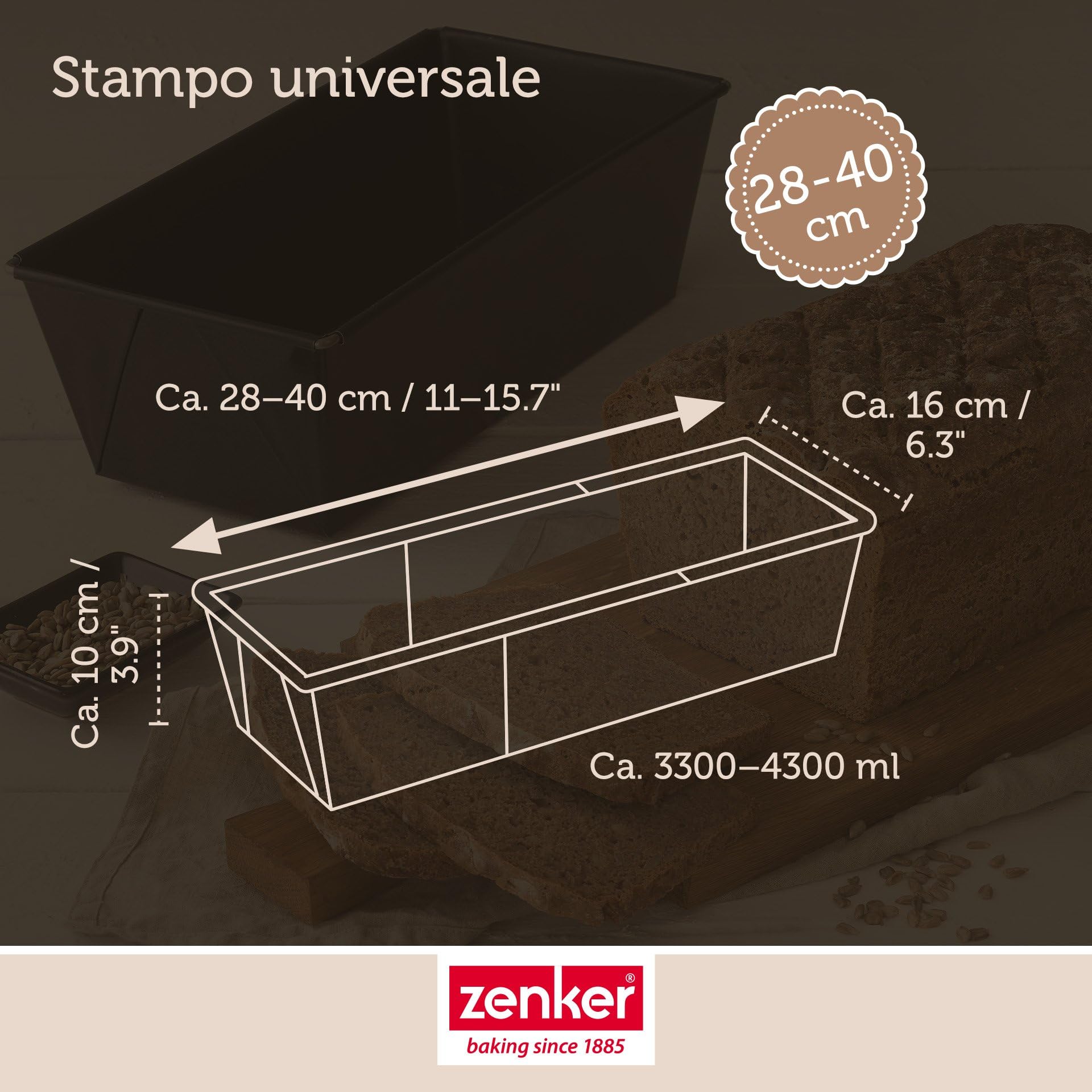 Zenker 3974 - Stampo universale per pane allungabile, 28-40 cm, della serie Pure, rivestimento antiaderente per torte, di alta qualità, confezione da 1 pezzo, colore nero