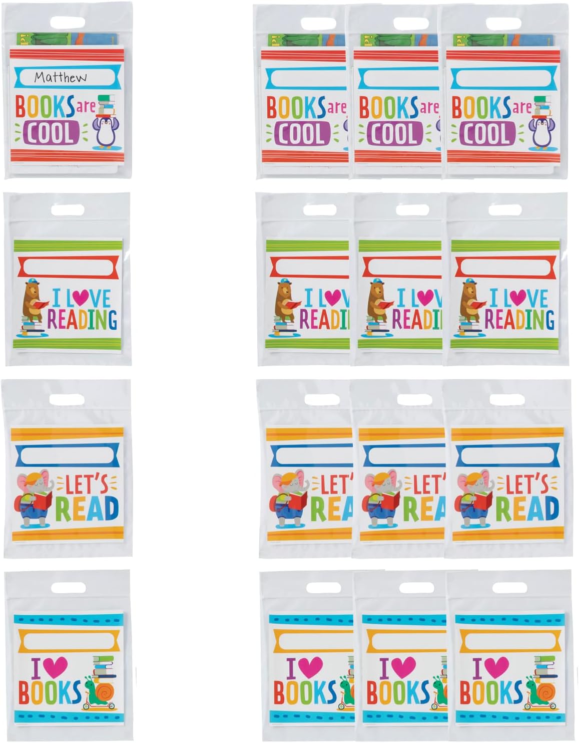 Fun Express Animal Reading Book Buddy Plastic Book Bags, Clear, 12 Pack