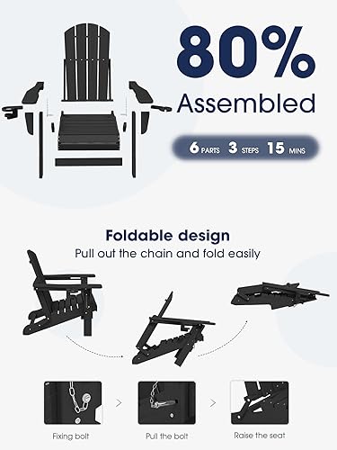Miniatura 8 de KINGYES Silla Adirondack plegable con soportes dobles para tazas, sillas de exterior de polietileno de alta densidad para todo tipo de clima, silla