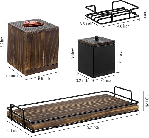 Miniatura 6 de MyGift Juego de 4 accesorios de baño, madera quemada rústica y metal negro mate industrial - Funda para caja de pañuelos, jabonera, soporte para