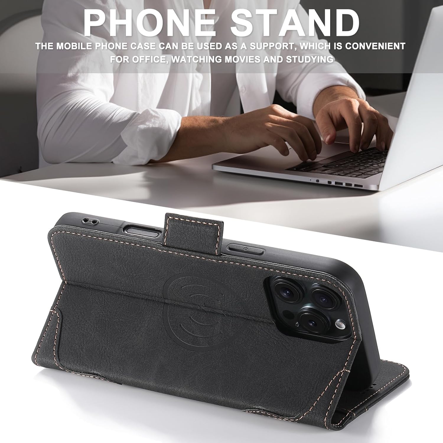 SINIANL iPhone 16 Pro Max Wallet Case - MagSafe Compatible, Leather Folio Cover with Card Slots and Kickstand - Black