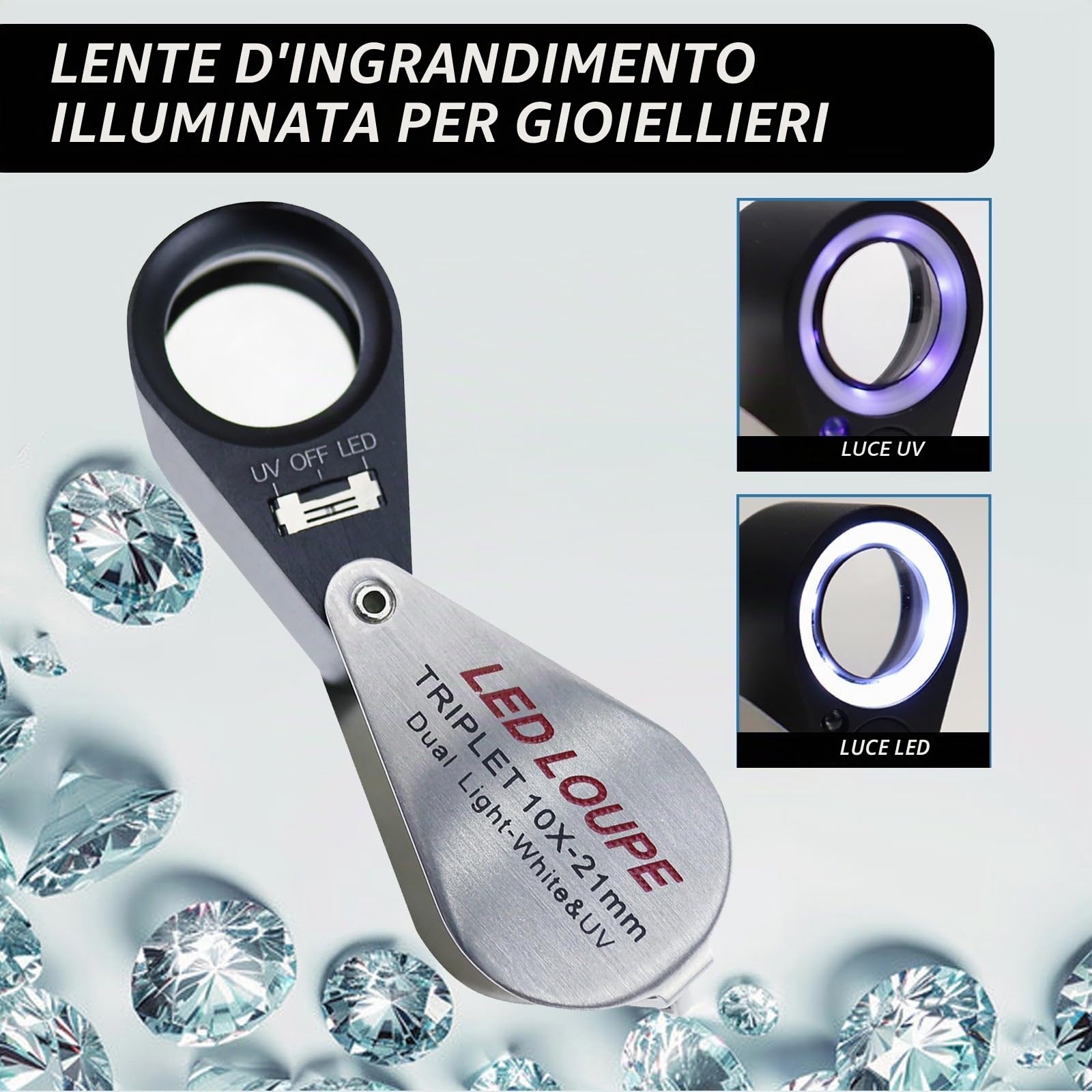 Lente D'Ingrandimento Hastings Triplet 10x con Luce LED Bianco e UV per Gioiellieri, Monete, Gemme