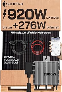 SUNNIVA® 920W Balkonkraftwerk mit 800W Wechselrichter DEYE, BIFAZIAL FULLBLACK komplett Steckdose, PV Solaranlage Komplettset mit 5 m Anschlusskabel und 4x 1m Solarkabel, 2x 460W N-Type Glas-Glas