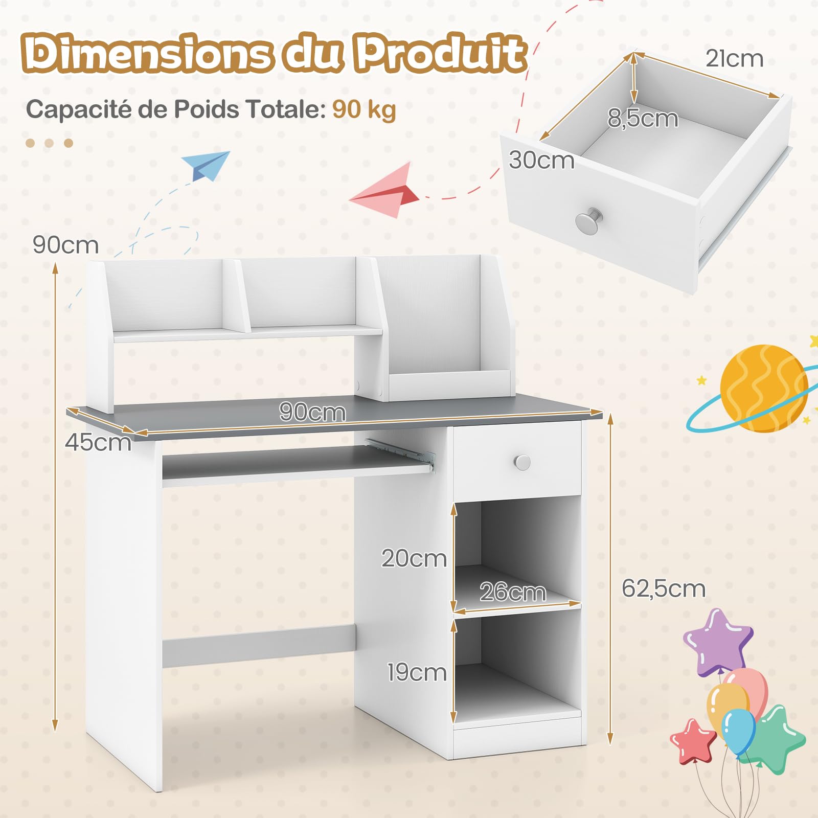 COSTWAY Bureau Enfants en Bois avec Etagères & Niche, 90x45x90cm, Charge 100kg, Gris