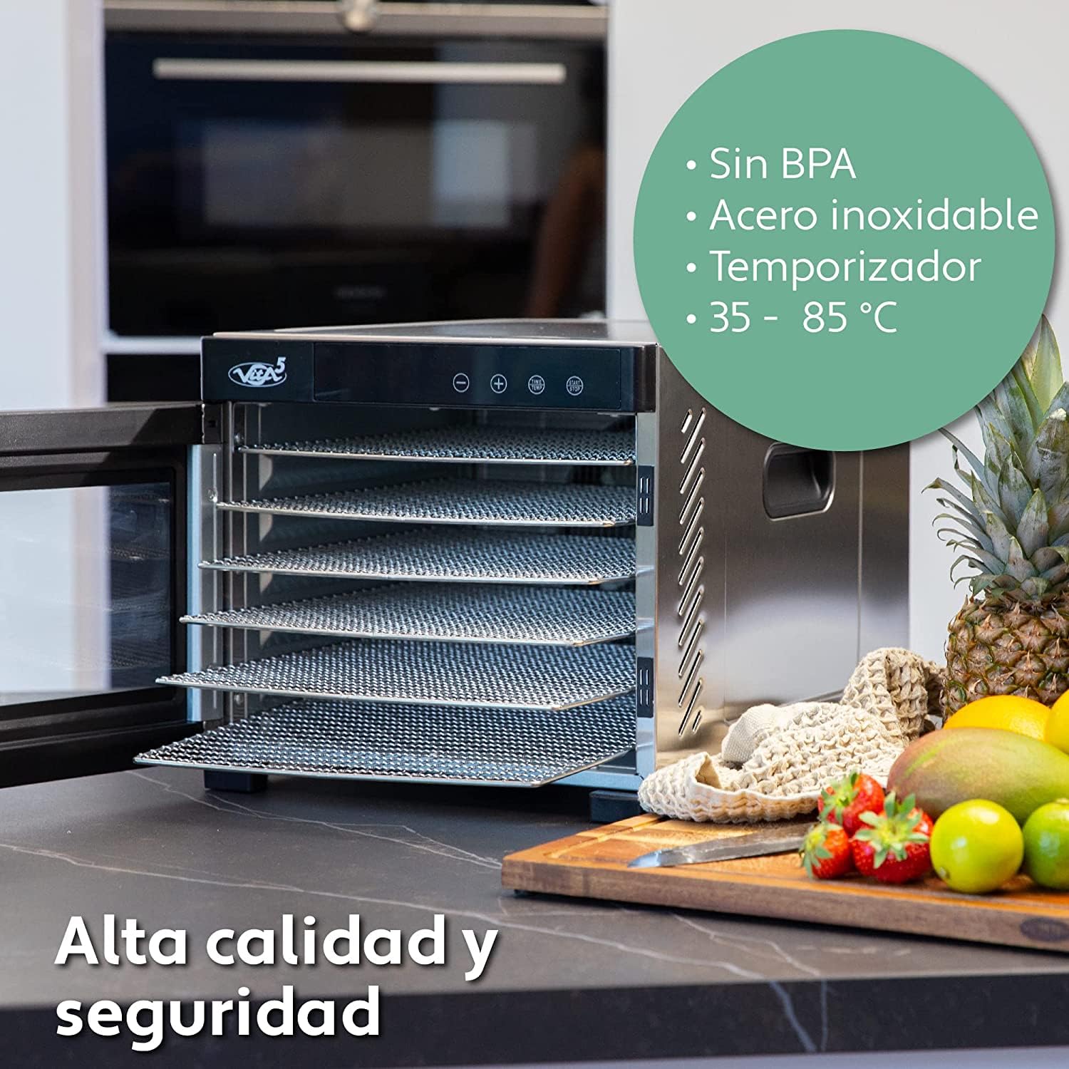 Vita5 Deshidratador de Alimentos con 6 Bandejas de Acero Inoxidable - Deshidratador con Temperatura Regulable 35-75°C - Deshidratadoras de Carne, Setas y Fruta con Timer 24h – 650W Desidratadoras