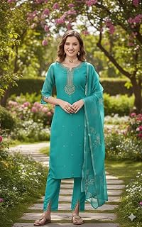 ETHNO STYLE Women Embroidered Chanderi Silk Kurti with Rayon Slub Pant and Dupatta Set, Three-Quarter Sleeves, A-line Price In India