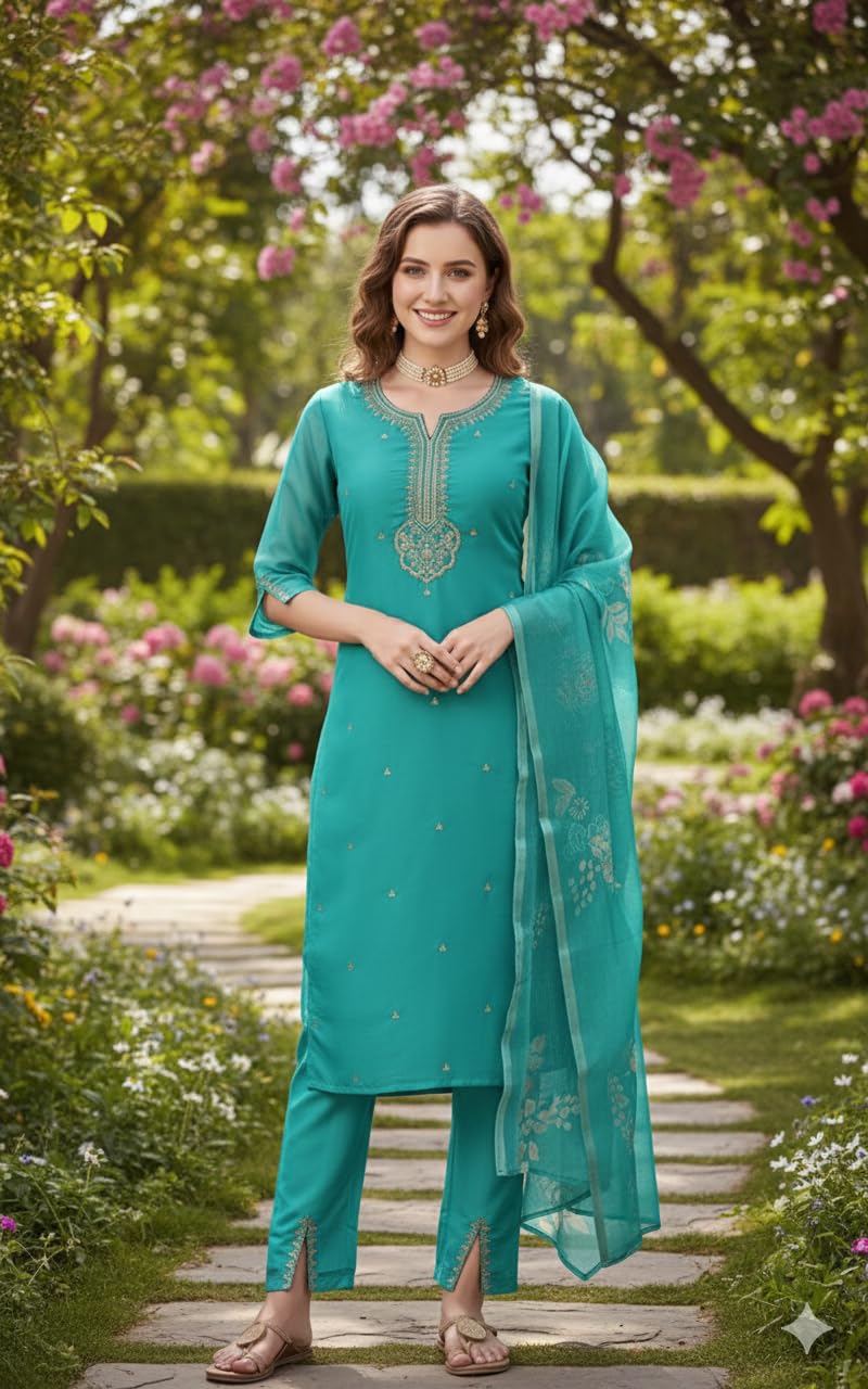 ETHNO STYLE Women Embroidered Chanderi Silk Kurti with Rayon Slub Pant and Dupatta Set, Three-Quarter Sleeves, A-line - Review, Price and Buying Guide