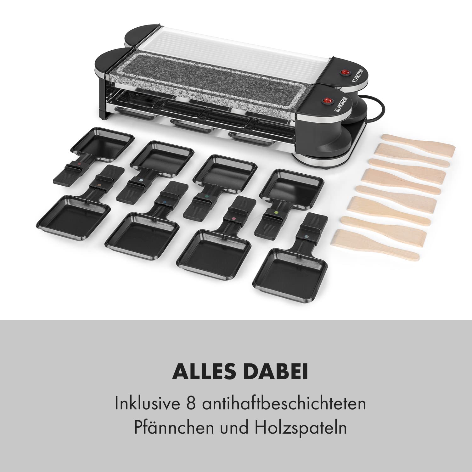 Verwöhne Dich mit Zartschmelzendem, Köstlichem Käse, Klarstein Raclette-Tischgrill mit 2 Grillflächen, 8 Pfännchen und Schaber, 1200 W Raclette-Grill