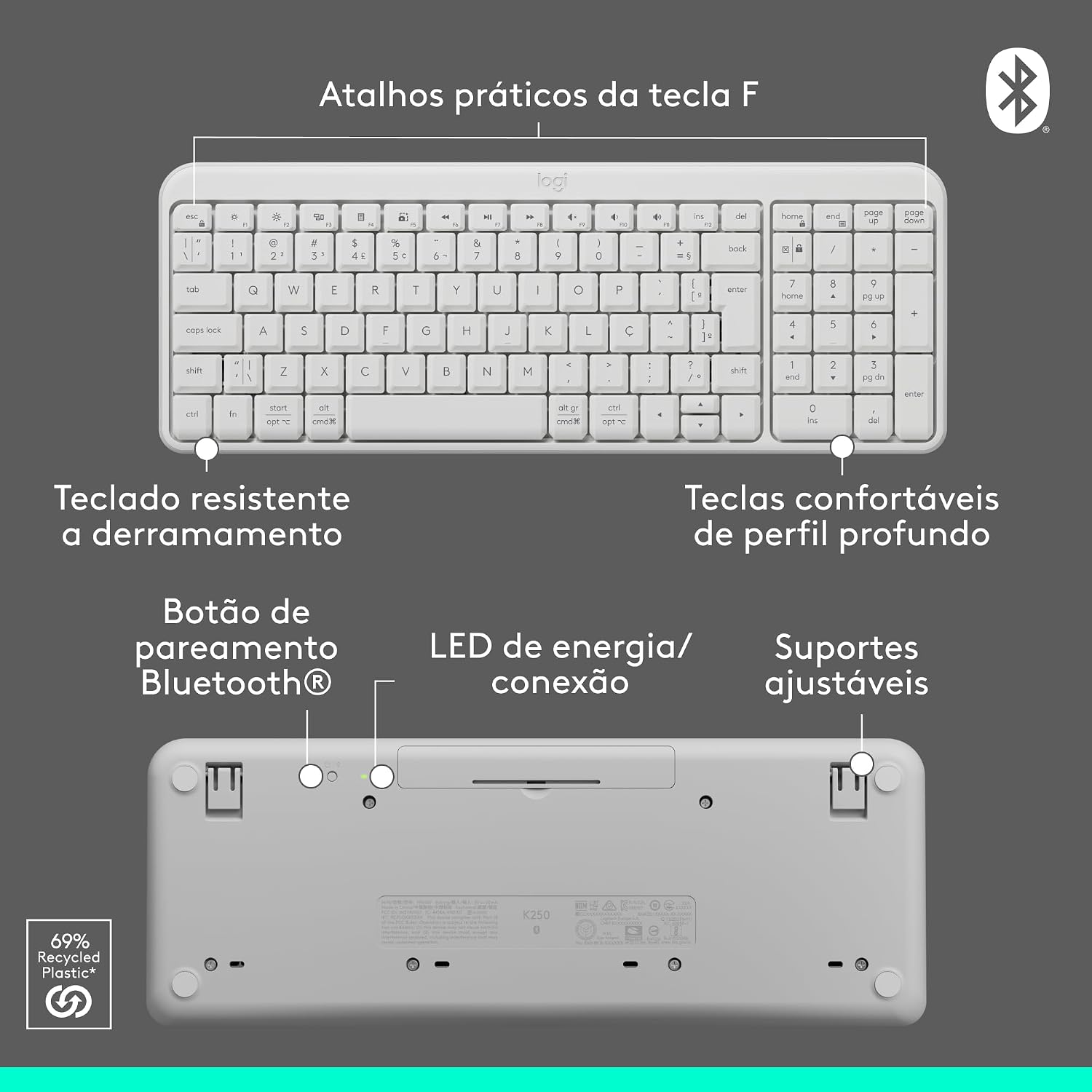 Combo Teclado e Mouse Sem Fio Logitech MK250 Bluetooth com Conectividade Rápida e Fácil, Design Compacto, Mouse Ambidestro, Layout ABNT2, Construção Durável, Compatível com PC e Mac - Branco