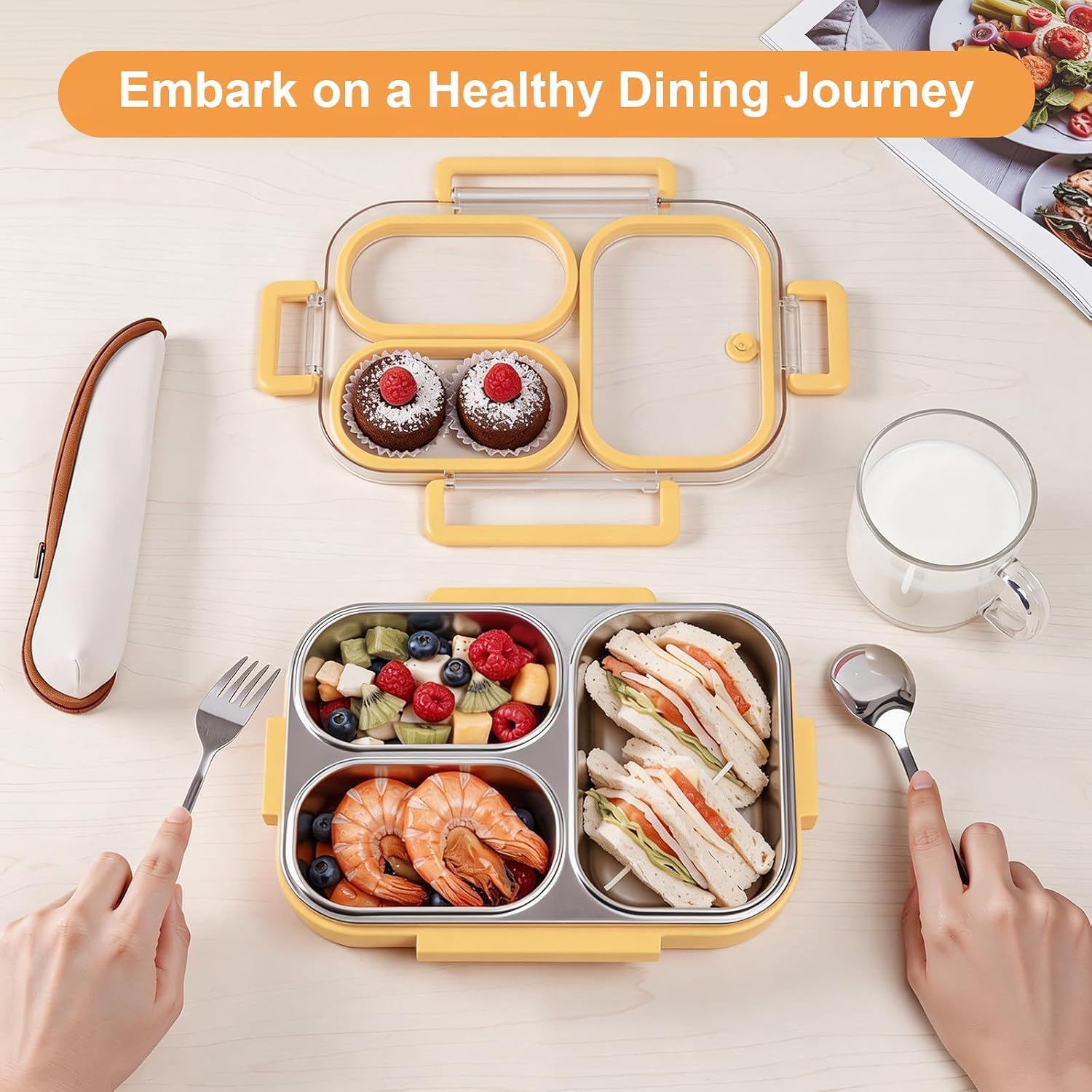 25oz 18/8 Stainless Steel Lunch Box Kit (Bento Box + Fork/Spoon) - 3 Leakproof Compartments - Metal Snack Box for Kids & Adults - School/Office/Travel - Dishwasher Safe (Yellow) image 2