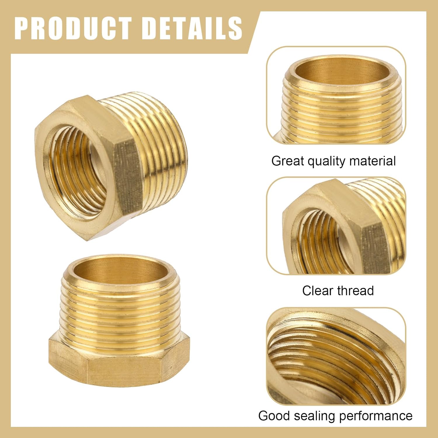 3pcs Brass Pipe Fittings, 3/4" NPT Male to 1/2" NPT Female Hex Head Bushing Adapter Brass Threaded Garden Hose Adapter, Connect Garden Hose to Pipe Fittings