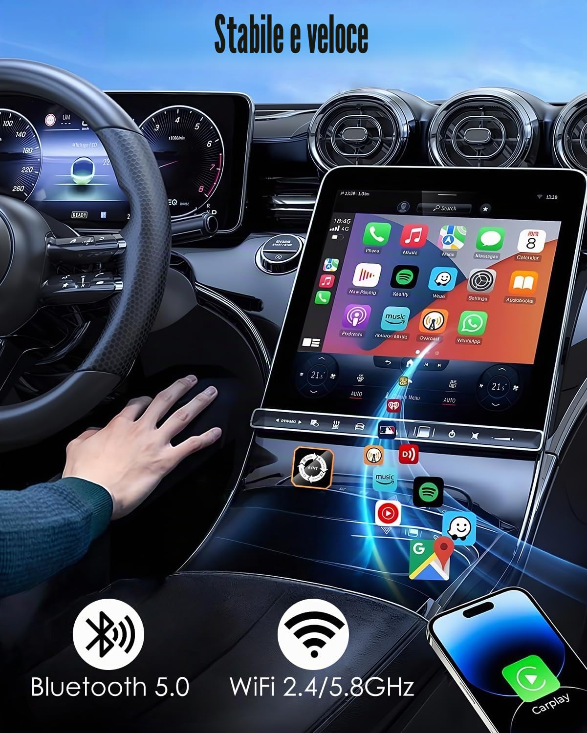 Adattatore wireless CarPlay 4 in 1 e dongle auto Android, supporta AirPlay e MirrorLink Screen MirrorLink, connessione veloce stabile a 5,8 GHz, Plug and Play per auto con CarPlay cablato di