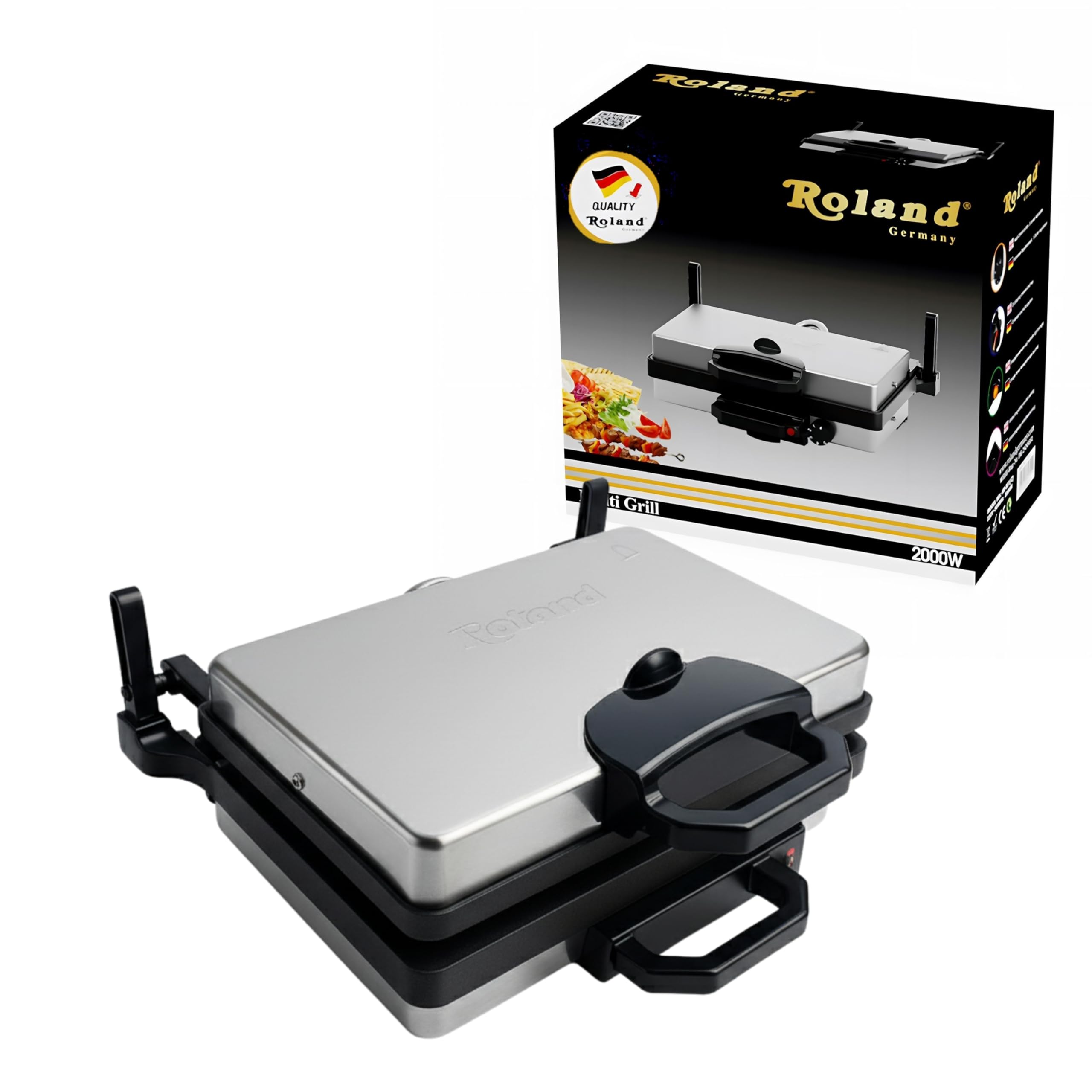 Multigrill, 2000W Elektro-Kontaktgrill, Schwarz, 340x220mm Grillplatten, 5-Stufen Temperaturregelung, für Lahmacun, Fleisch, Toast und Gemüse (1, Teflon)