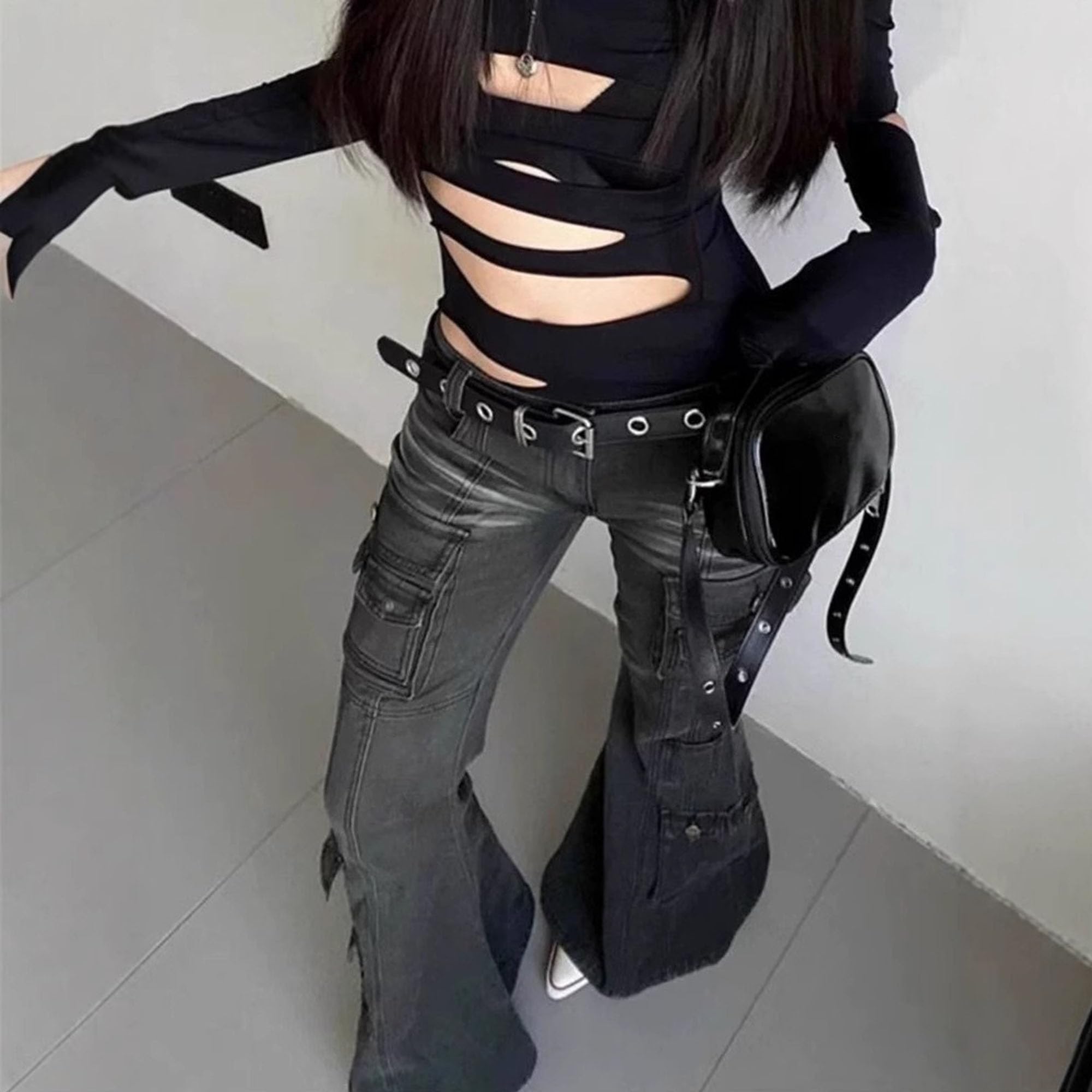 MEINVQIAOTI American Retro Multiple Pockets Sexy Bell Bottoms Cargo Jeans for Women Curvy Aesthetic Goth Cargo Pants Women