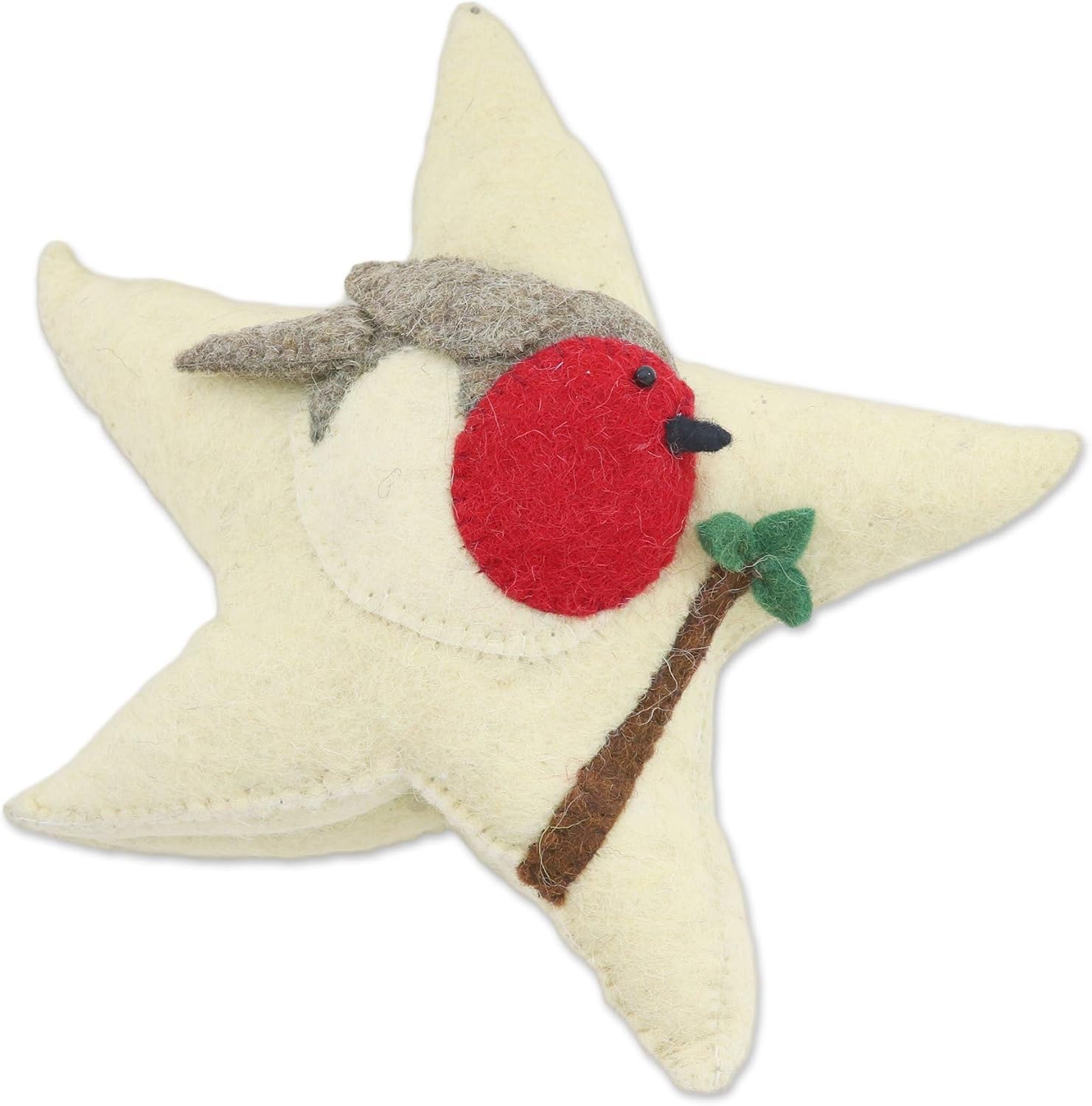 NOVICA Artisan Handmade Wool Felt Tree Topper Starshaped from India Ivory Holiday Decor Ornaments Christmas Animal Themed Bird [8.75in H x 11.5in W x 2.8in D] ' Robin Star'