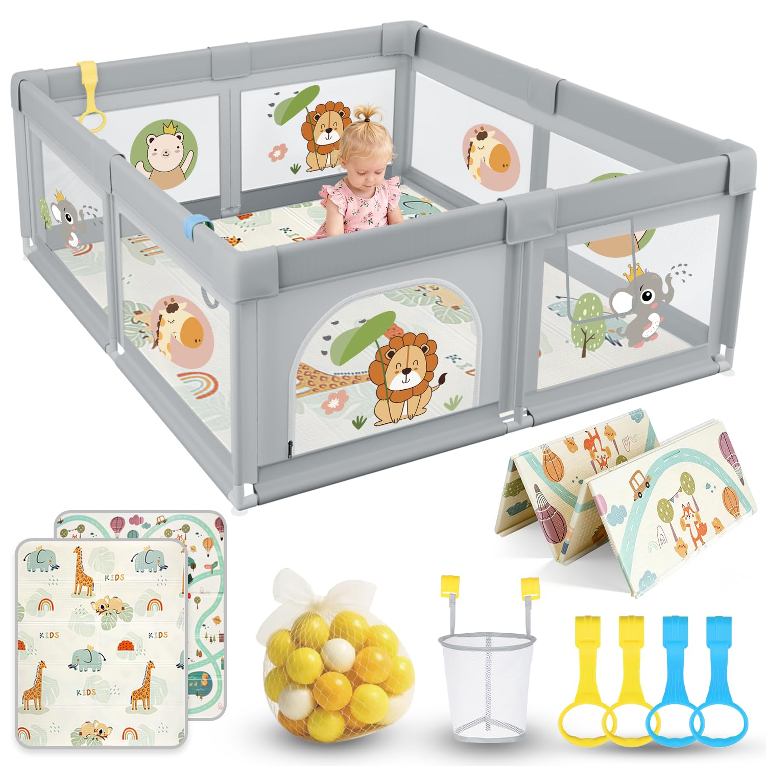 SOFTHOM Laufstall Baby 150x180 mit Matratze, Laufgitter mit 360° Atmungsaktivem Netz und Rutschfestem Bottom, Sicher Stabil Aktivitätszentrum für Kinder mit 60 Ozeanbälle, 4 Zugringen, Grau Löwe