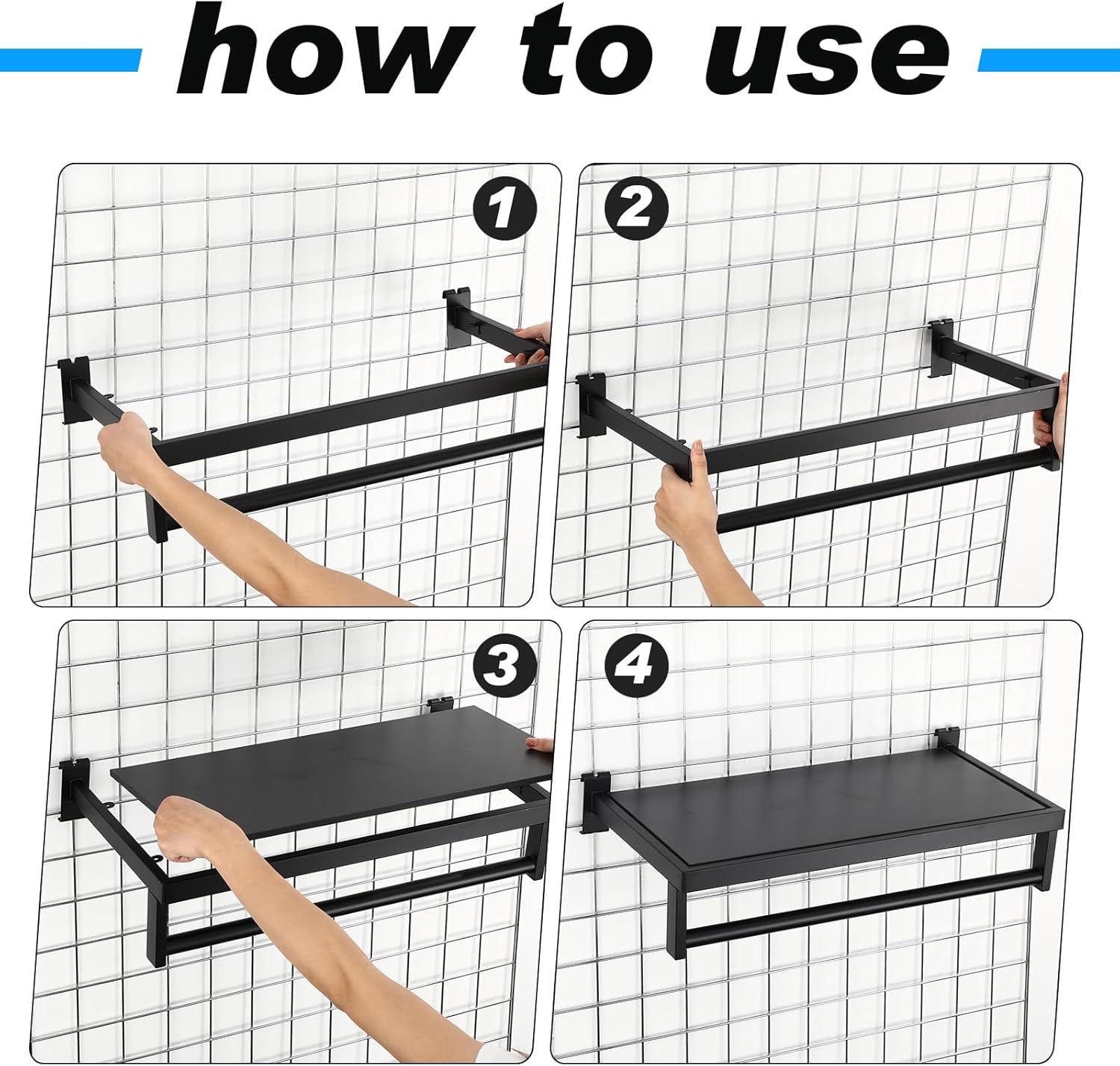 Colingmill 2 Packs Black Grid Wall Shelf Clothes Rack with Top Shelf Metal Rectangular Tubing U Shaped Handrail Hanger Gridwall Shelving Organizer Accessories for Home Room Garage Retail Display