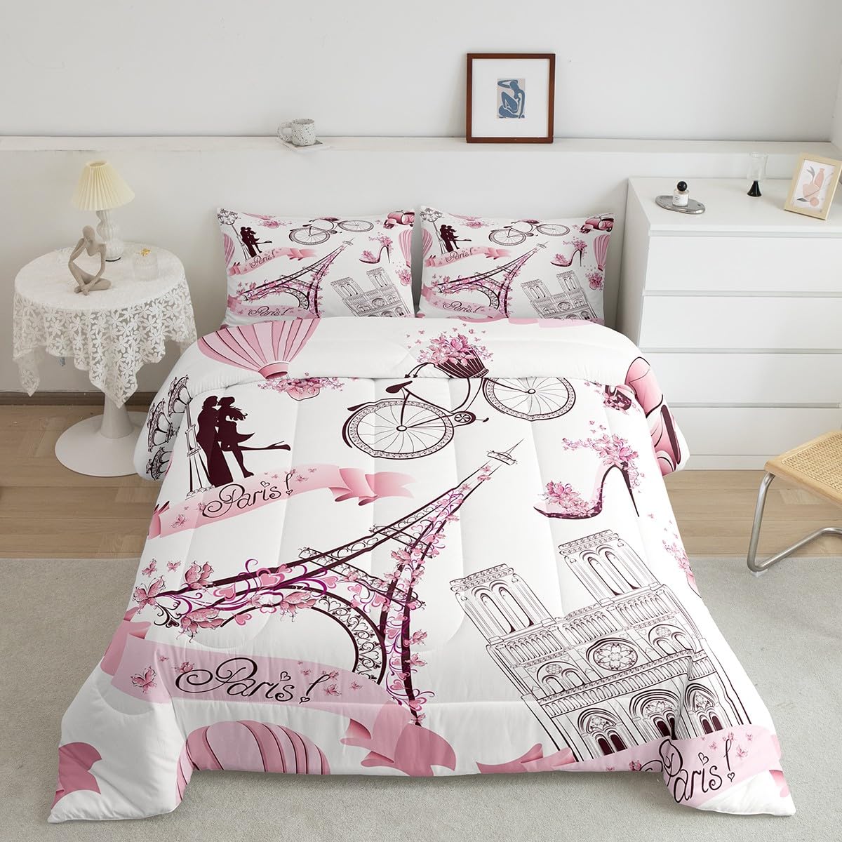 Paris Eiffel Tower Bedding Set for Girls Kids Couple Lover Romantic French Comforter Trip Design Comforter Set Pink White Room Decor Famous Cityscape Duvet Set Twin Size Bedspreads Coverlet Sets Boys