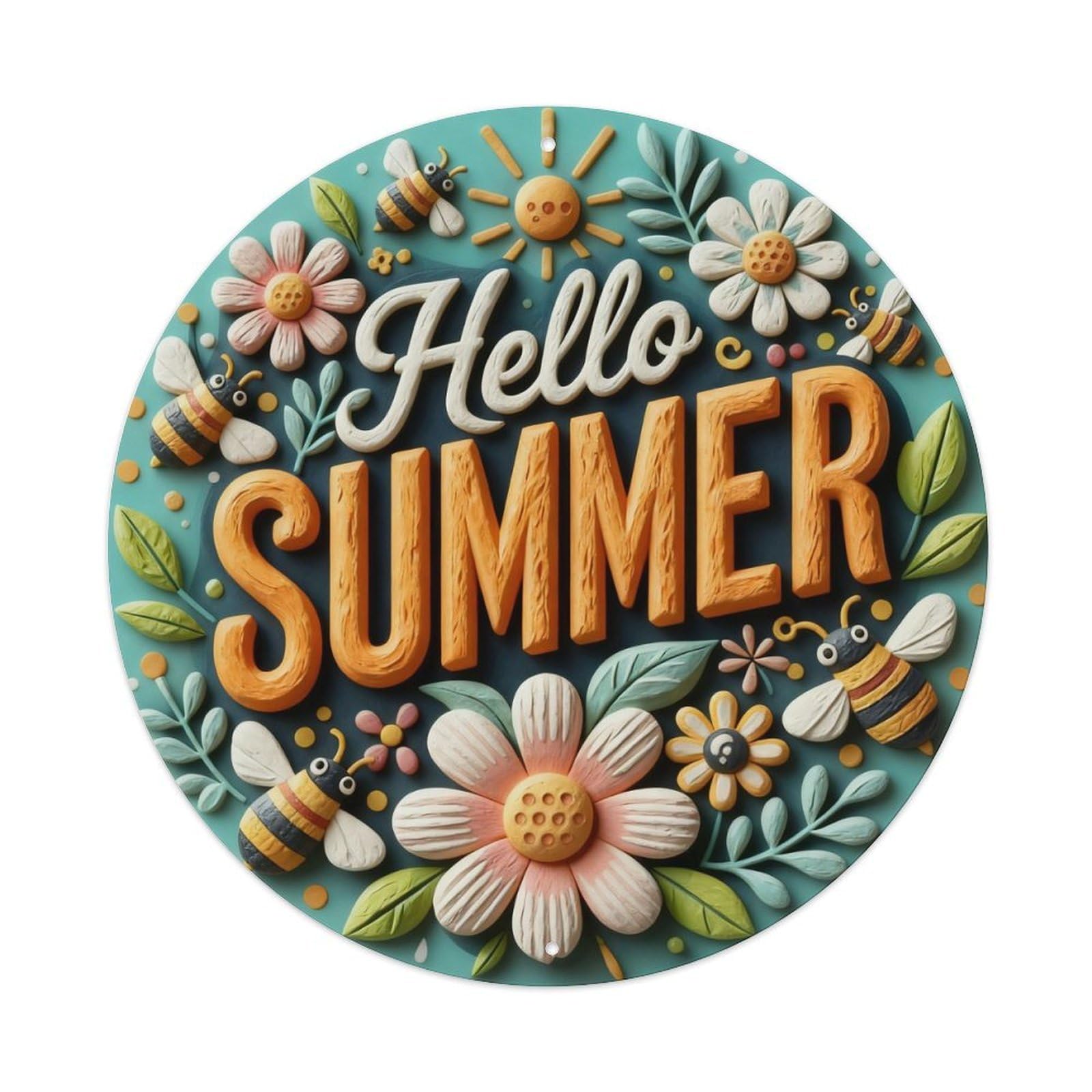 Hello Summer Floral Bee Pattern Round Metal Tin Sign Vintage Wall Decor, Bar Garage Cafe Kitchen Home Wall Art Poster 8x8inches