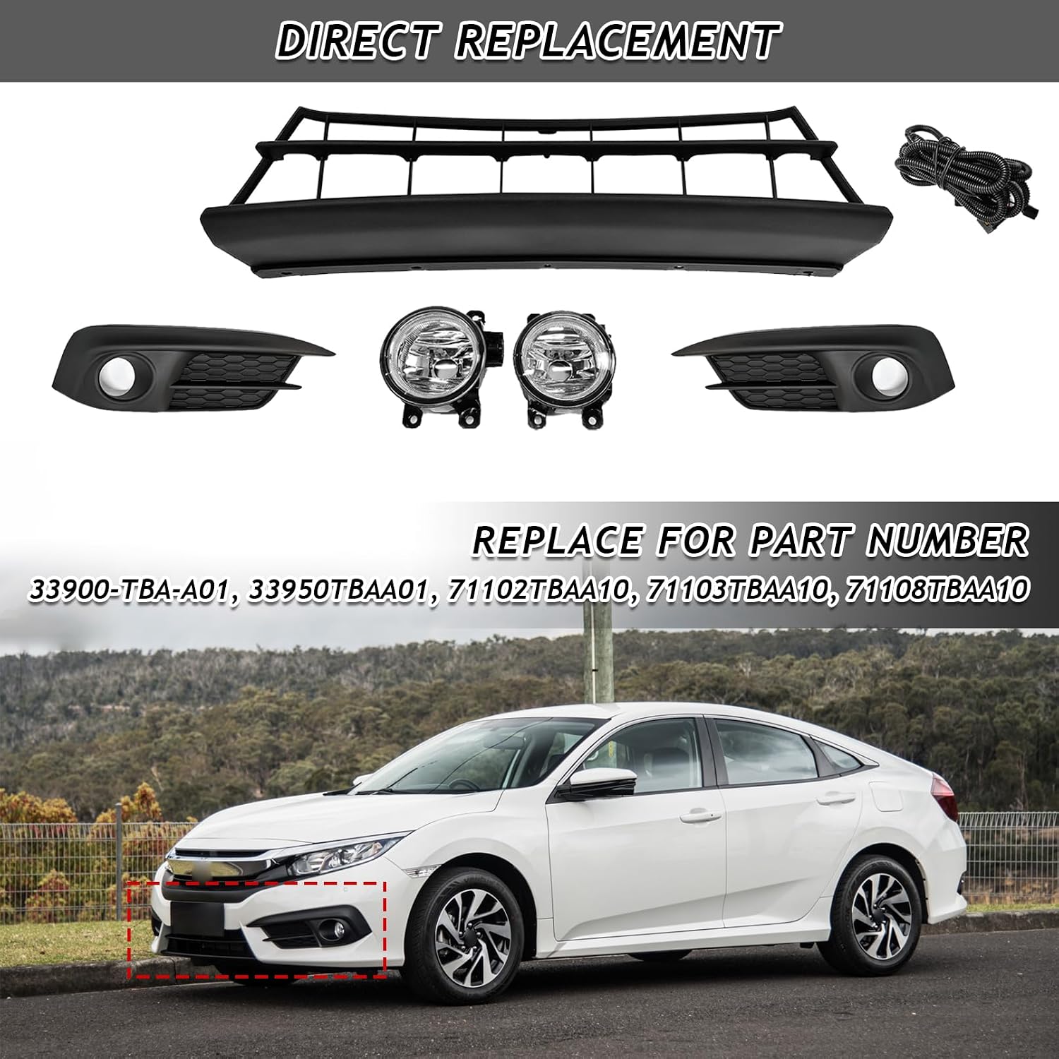 Front Lower Grille WIth Foglights Fit For 2016 2017 2018 Honda Civic Front Bumper Insert Lower Grille Grill Mesh Fog lights Bezel 5PCS Kit
