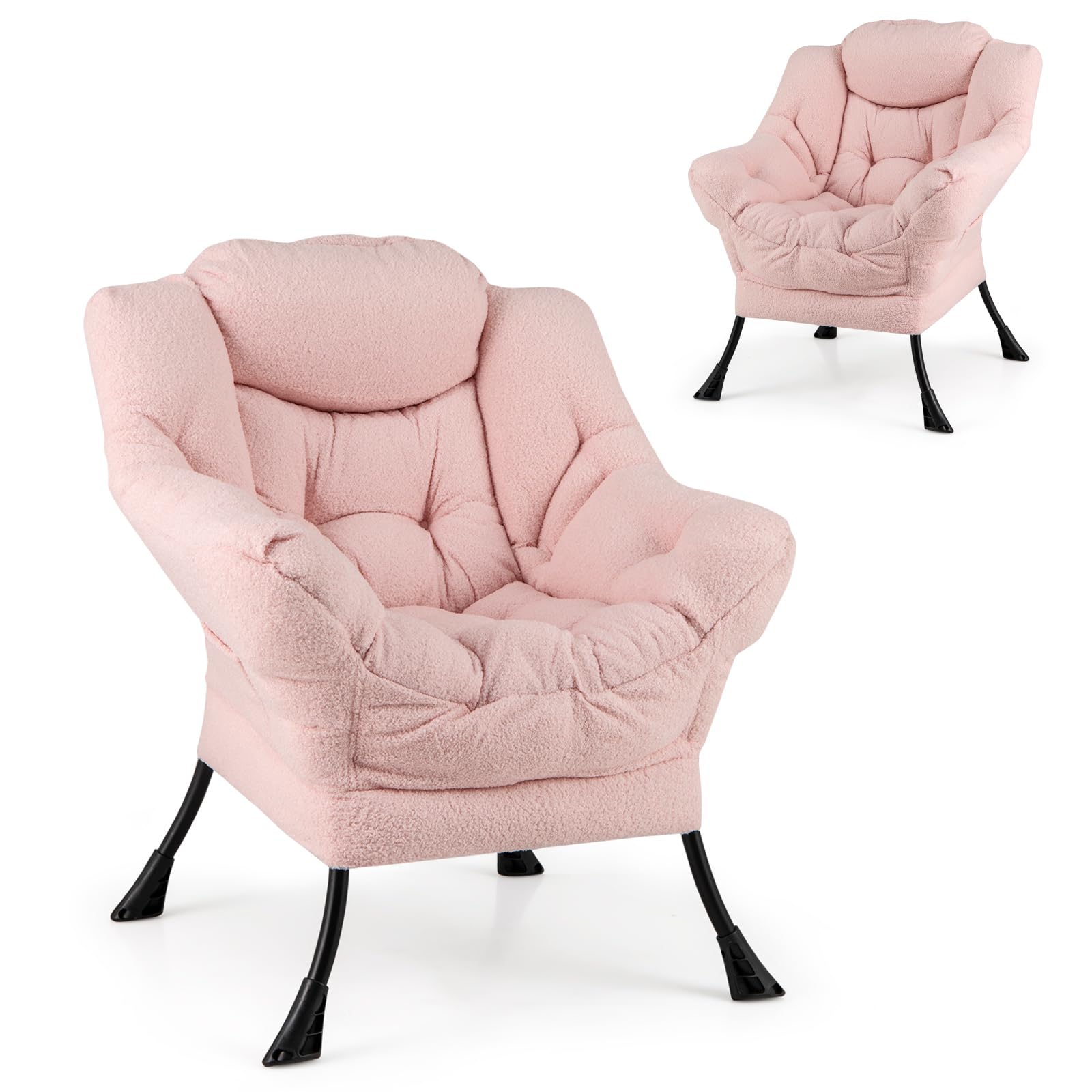 HOMASIS Sillón reclinable tapizado, sillón con reposabrazos y Almohada, sillón de Lectura con Bolsillo Lateral, sillón TV en Tela y Metal para salón Dormitorio (Modelo 1 sin Taburete, Rosa)