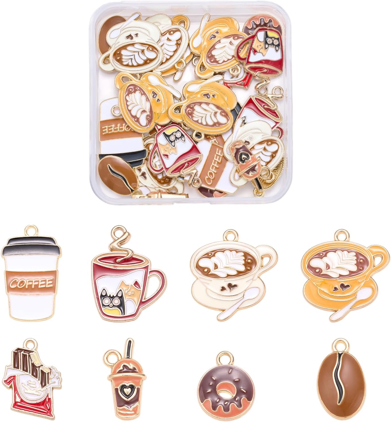 32Pcs 8 Style Coffee Charms for Jewelry Making Bulk Cute Donuts Chocolate Coffee Beans Charms Alloy Enamel Pendants for Bracelet Necklace Earring DIY Supplies