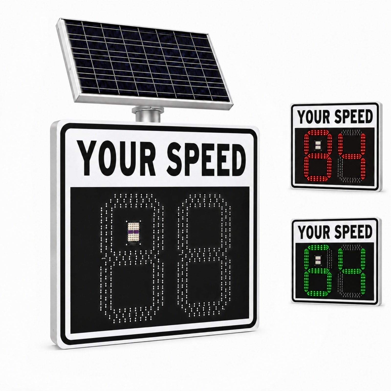 HCAUYNN 24"x24"(24"x27") Solar Radar Speed Sign, LED Roadside Speed Display with 2(3) Digit Speed Display, Weatherproof Aluminum Alloy for Highways & Village Roads white-2Digit