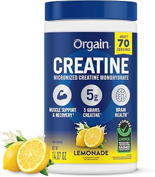Orgain Creatine Monohydrate Micronized Powder, Lemonade Flavored, 5g Creatine, 70 Servings, Supports Muscle Growth, Post Workout Recovery and Brain Health, for Men & Women